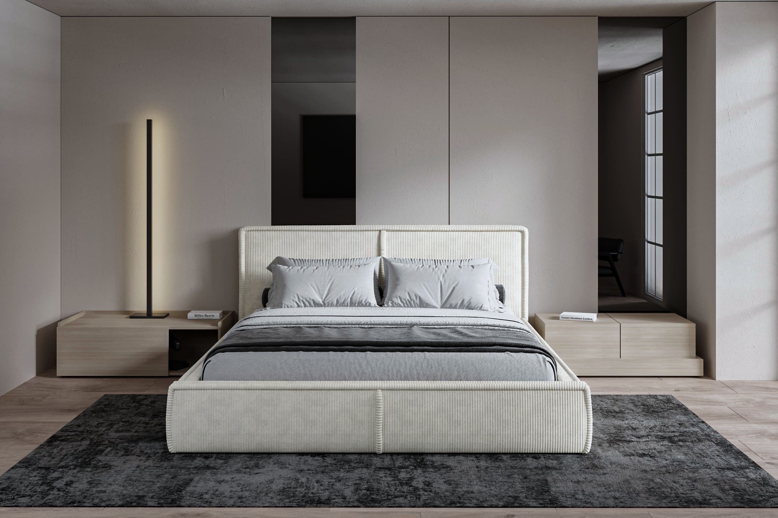 MOEBLO Polsterbett BETT 04 (Bezug: aus Cord, Doppelbett mit Kopfstütze, Rahmenbettgestell 180x200, mit Bettkasten und Lattenrost), mit Bettkasten