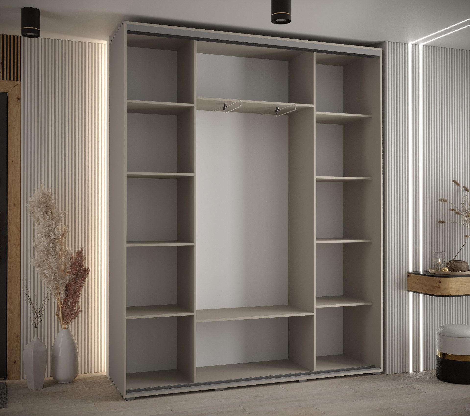 ABIKS MÖBEL Schwebetürenschrank Dakota 5 Schlafzimmerschrank mit Spiegel, Kleiderstange und Regalen