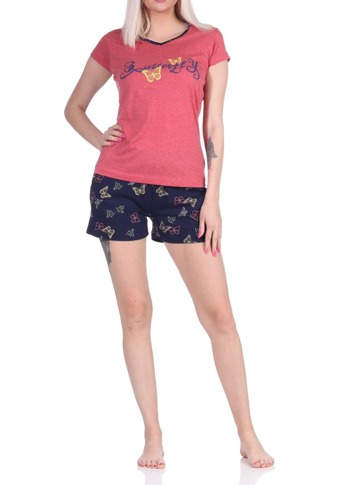 Pyjama Damen kurzarm Shorty Schlafanzug mit Schmetterling als Motiv