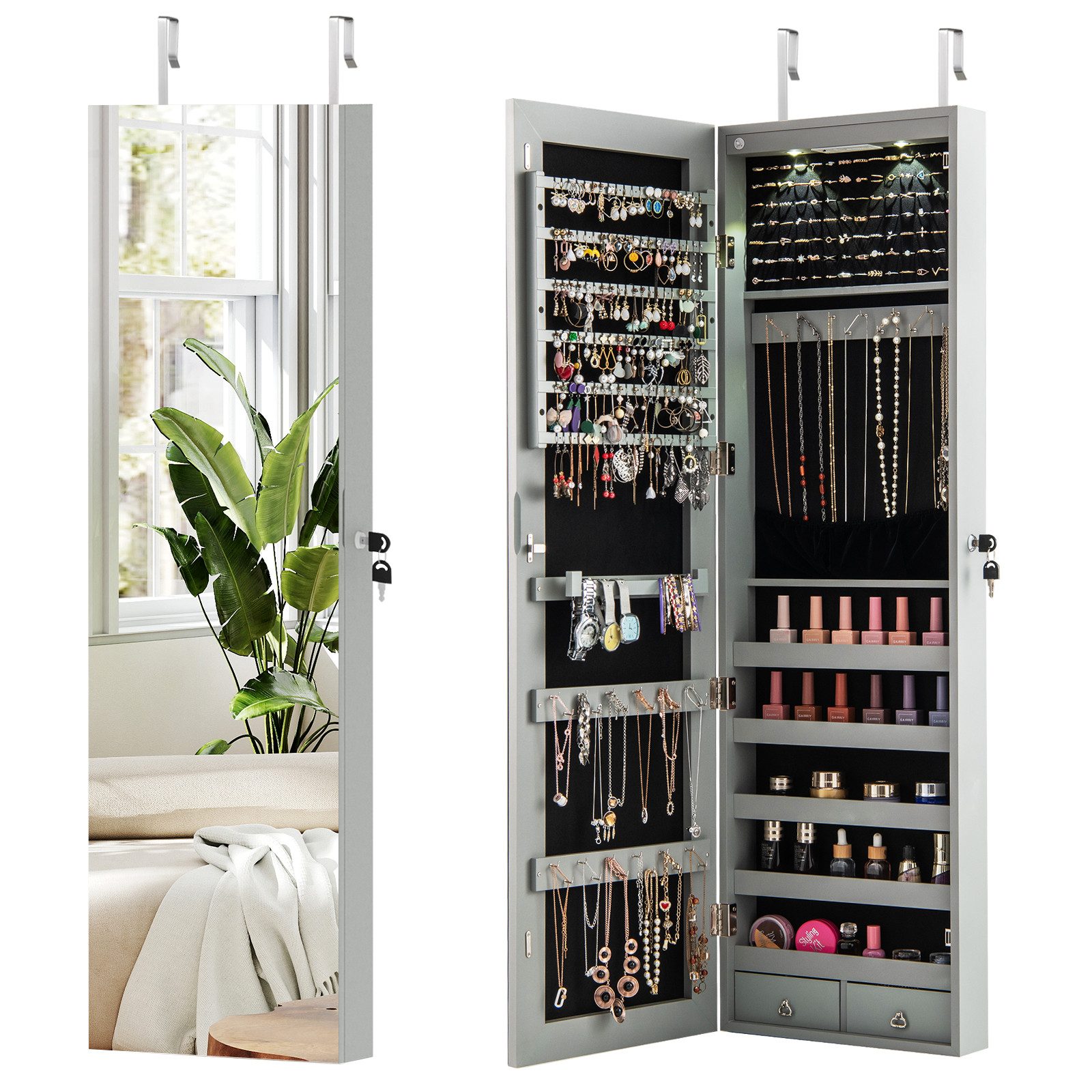 COSTWAY Schmuckschrank mit LED & Spiegel abschließbar, Wandspiegel hängend