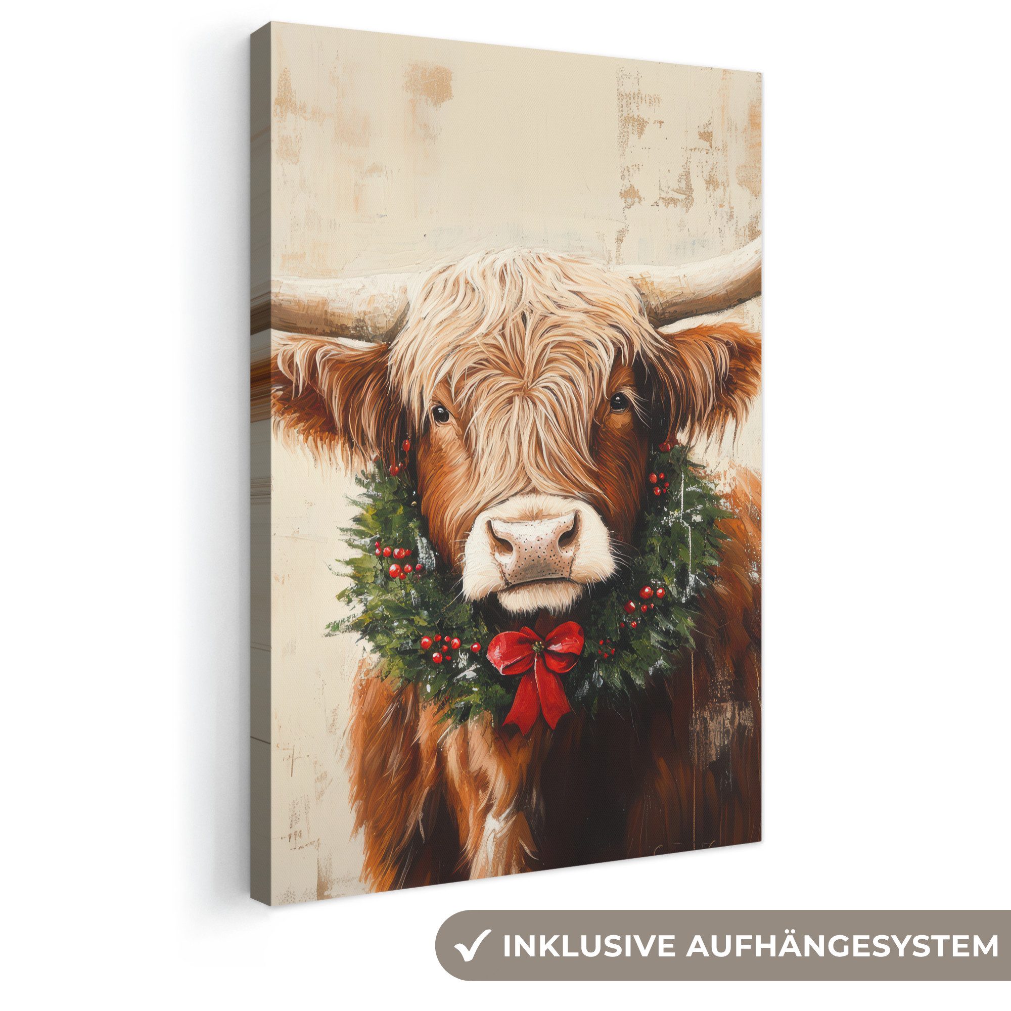 OneMillionCanvasses® Leinwandbild Weihnachten - Schottischer Highlander - Braun - Kranz, Fotodruck (1 St), Leinwand Canvas Wandbild, Wanddekoration 20x30 cm