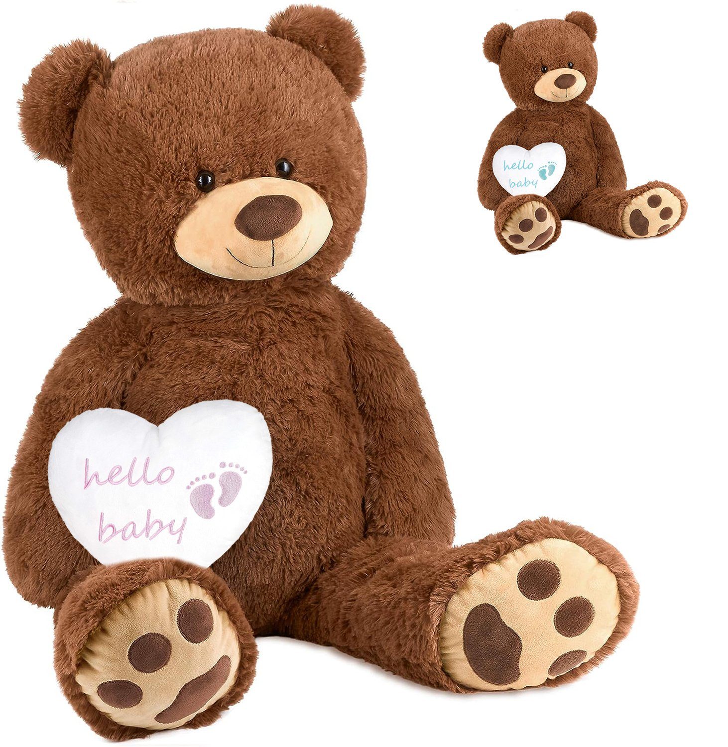 BRUBAKER Kuscheltier XXL Teddybär Braun 100 cm mit Hello Baby Herz (Stofftier Plüschtier, 1-St), Kuscheltier Geschenk für Geburt, Babyparty, Gender Reveal