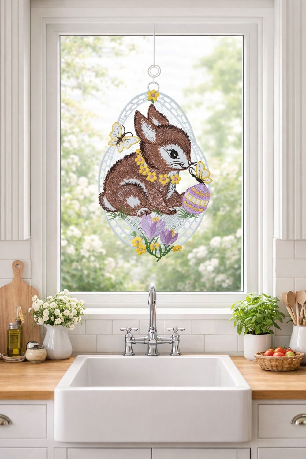 texpot Fensterbild Plauener Stickerei Osterhase Schmetterling Saughaken, Saughaken