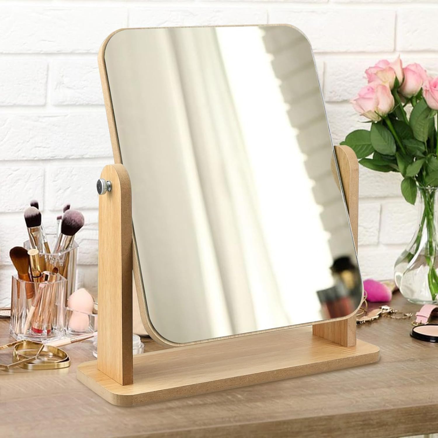 REDOM Spiegel 360 Grad drehbar Kosmetikspiegel Holz Tischspiegel (23.5 x 22 x 8 cm dekorativer Standspiegel, einfache Selbstmontage), für Schminktisch Badezimmer Schlafzimmer Büro Wohnzimmer oder Geschenk
