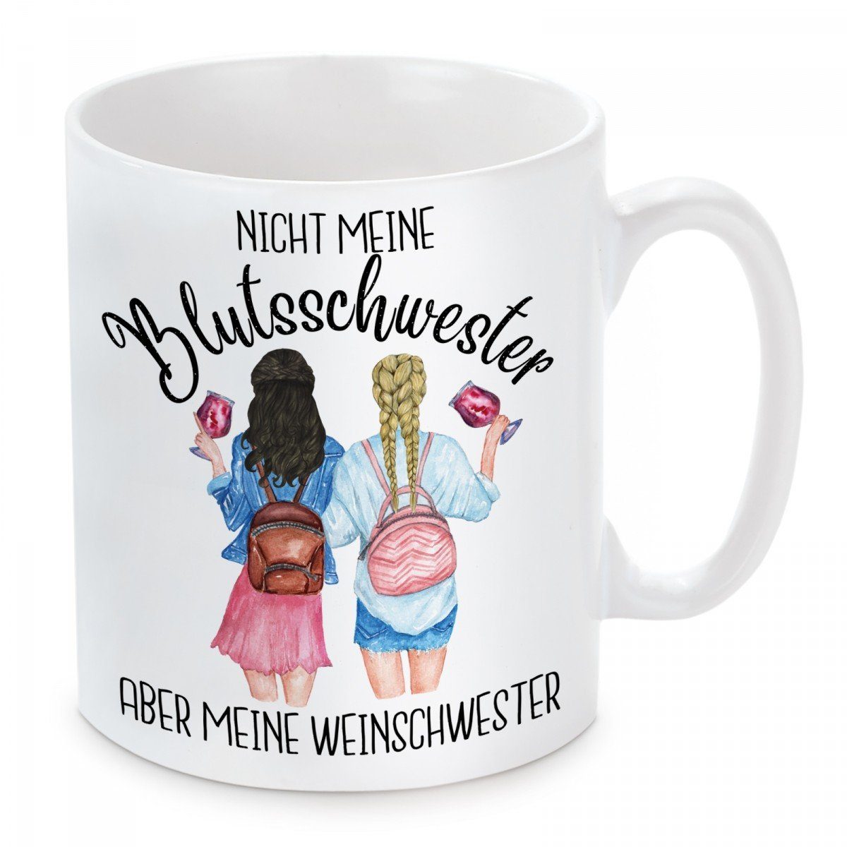 Herzbotschaft Tasse Kaffeebecher mit Motiv Nicht meine Blutsschwester, Keramik, Kaffeetasse spülmaschinenfest und mikrowellengeeignet