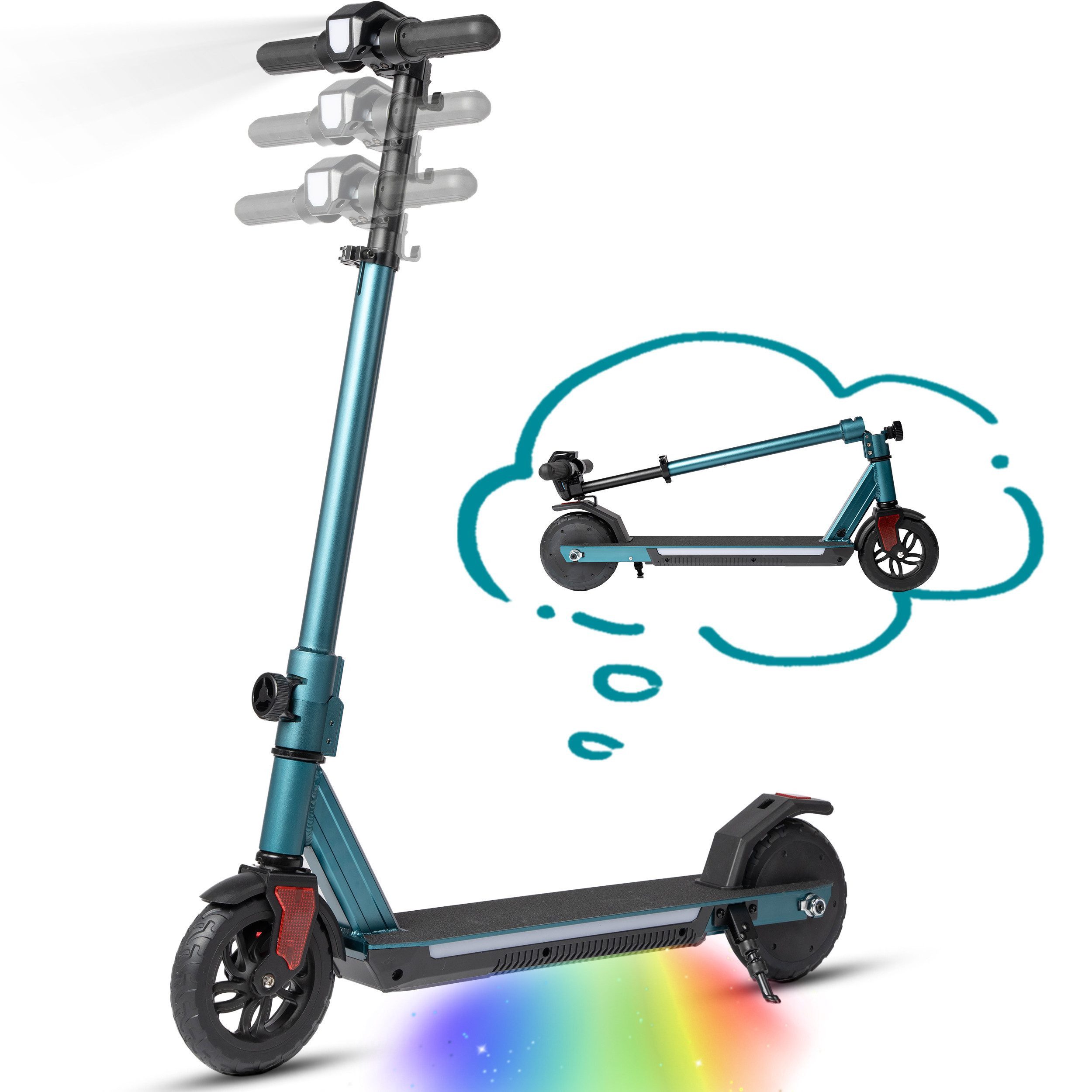 Vankel E-Scooter Kinder, Elektro Kinderroller, klappbar, mit/ohne Federung, 150 W, (mit Frontlicht und Haken, höhenverstellbar, Aluminiumrahmen), 10-15km Reichweite, 14km/h, E-ABS + Fußbremse, bis 50kg, ab 6 Jahren