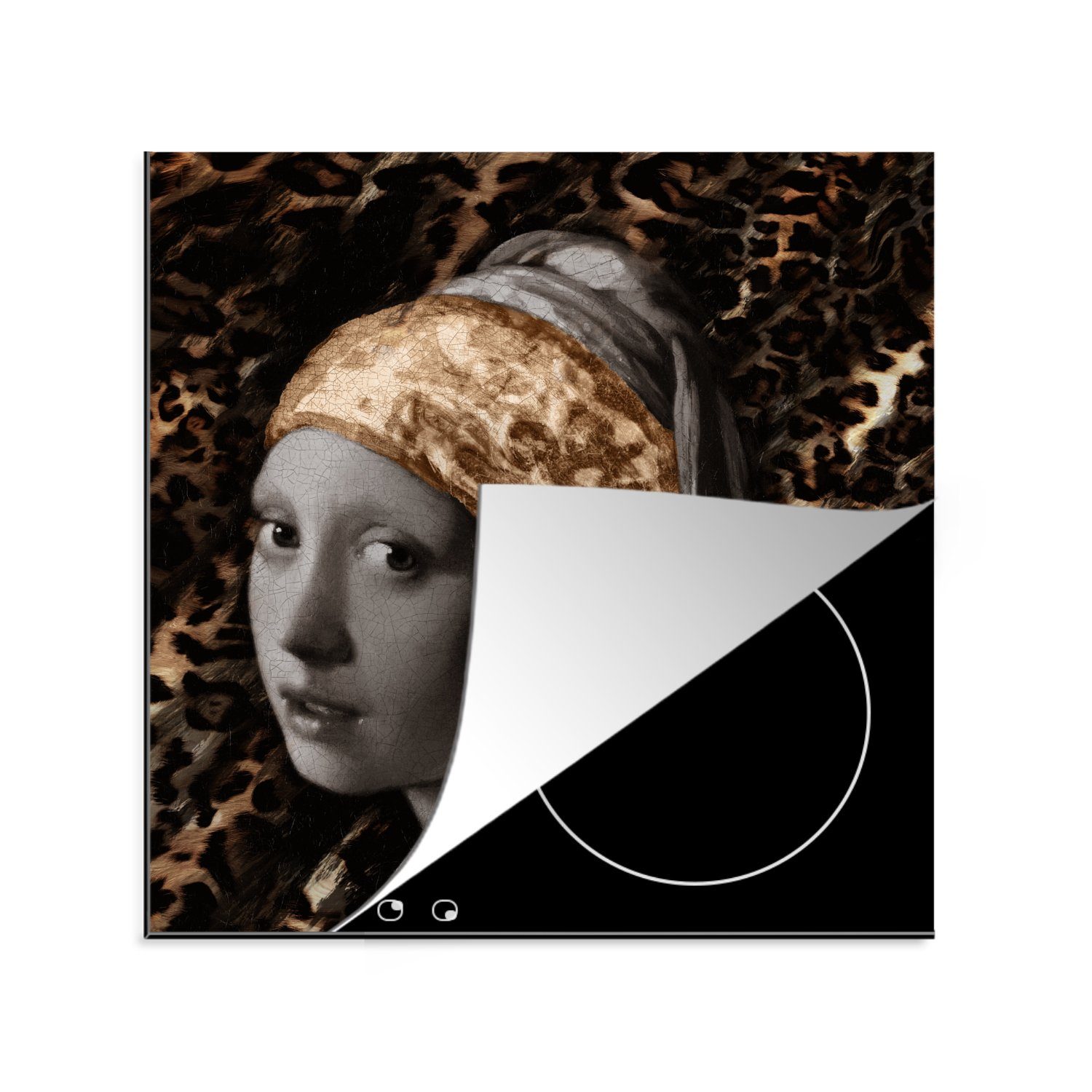 MuchoWow Herdblende-/Abdeckplatte Mädchen mit Perlenohrring - Braun - Pantherdruck, Vinyl, (1 tlg), 78x78 cm, Ceranfeldabdeckung, Arbeitsplatte für küche