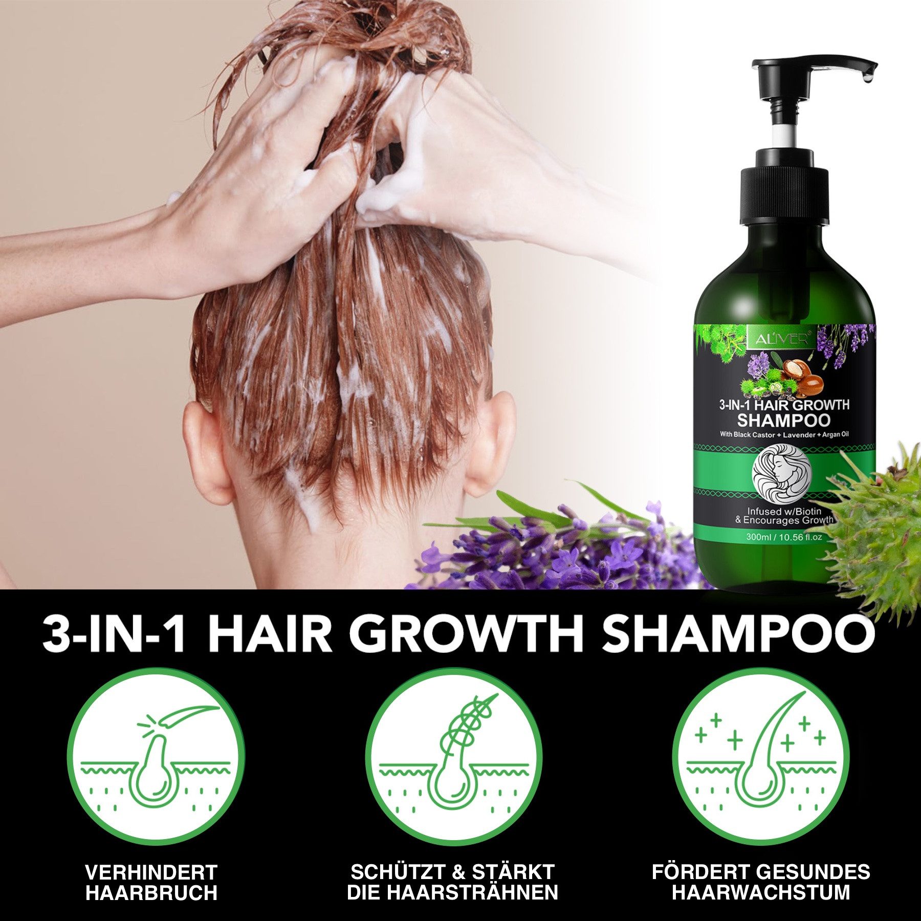 ALIVER Haarshampoo Kopfhaut Pflege Haarwachstum mit Rizinusöl Lavendelöl Arganöl Vegan, 1-tlg., Vegan, Shampoo, Pflegend