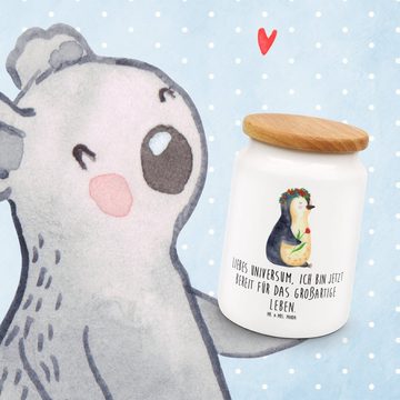 Mr. & Mrs. Panda Vorratsdose Pinguin Blumen - Weiß - Geschenk, Leckerlidose, Vorratsdose, Geschenk, Keramik, (1-tlg), Premium Farbdruck