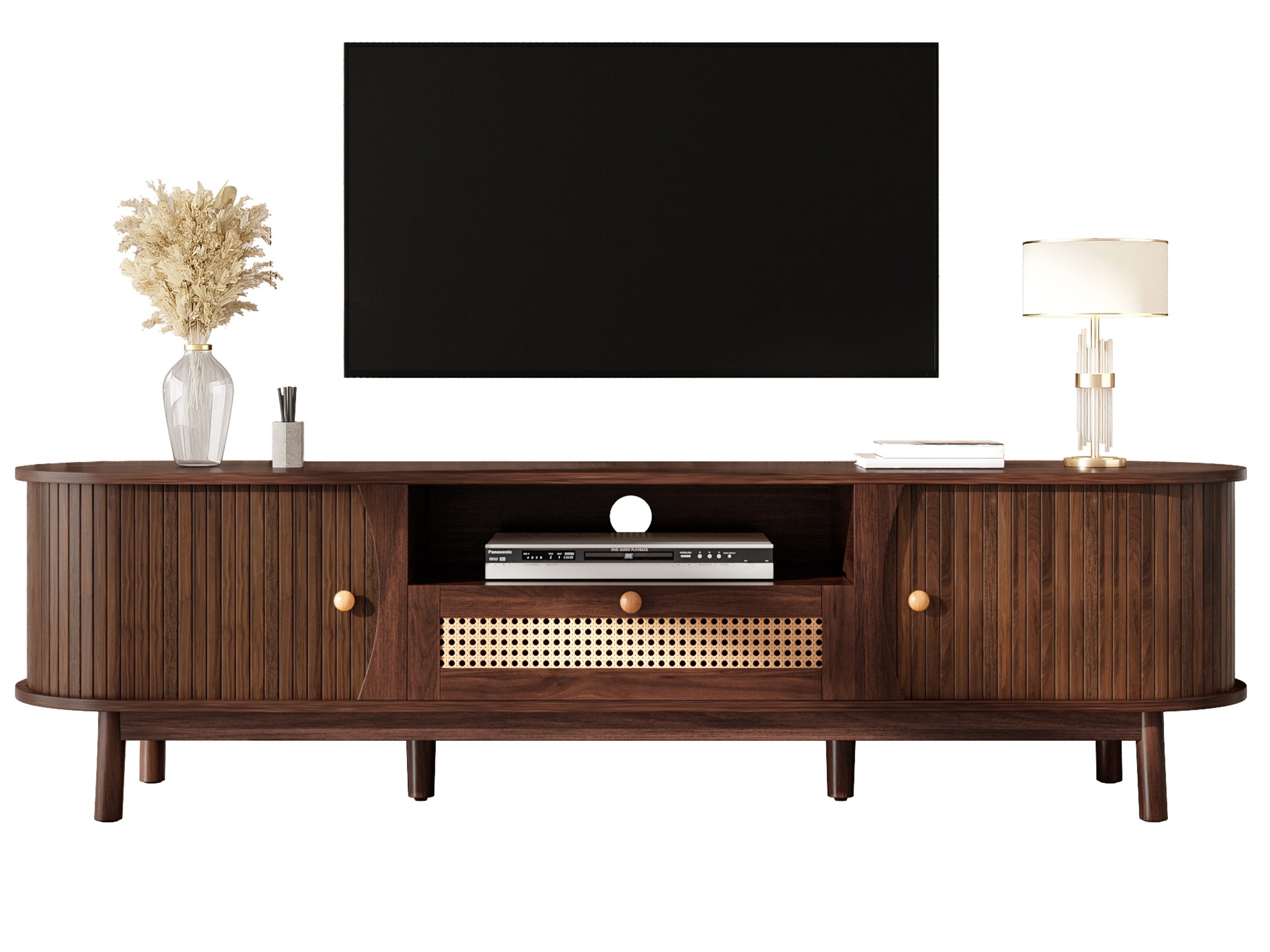 SeedWave Lowboard Ovaler TV-Schrank mit Massivholzfüßen, 1 Schublade in Rattanoptik, Fernsehtisch inkl. Offene- & geschlossene Fächer, Kabeldurchführung