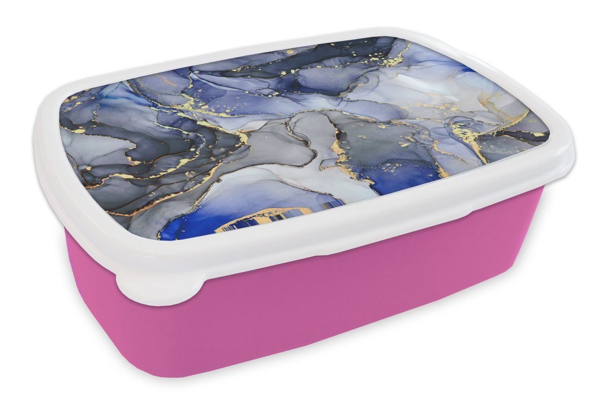 MuchoWow Lunchbox Marmor - Gold - Abstrakt - Blau, Kunststoff, (2-tlg), Brotbox für Erwachsene, Brotdose Kinder, Snackbox, Mädchen, Kunststoff rosa