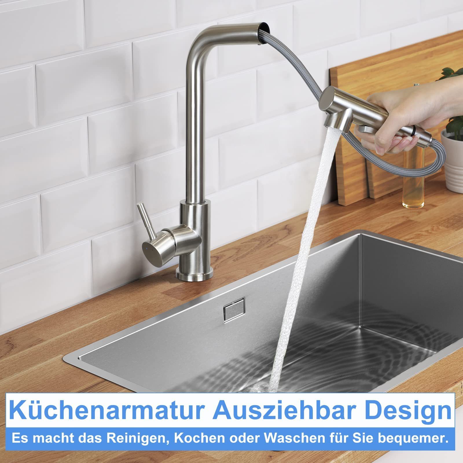 ZMH Küchenarmatur Ausziehbar mit Brause Mischbatterie mit 2 Strahlarten Kitchen (Set, 7-St., 1. Waschtischarmatur 2. Schwerkraft Kugel 3. Schlauch(60CM) 360° Drehbar Mit Brause Hochdruck Küchenwasserhahn