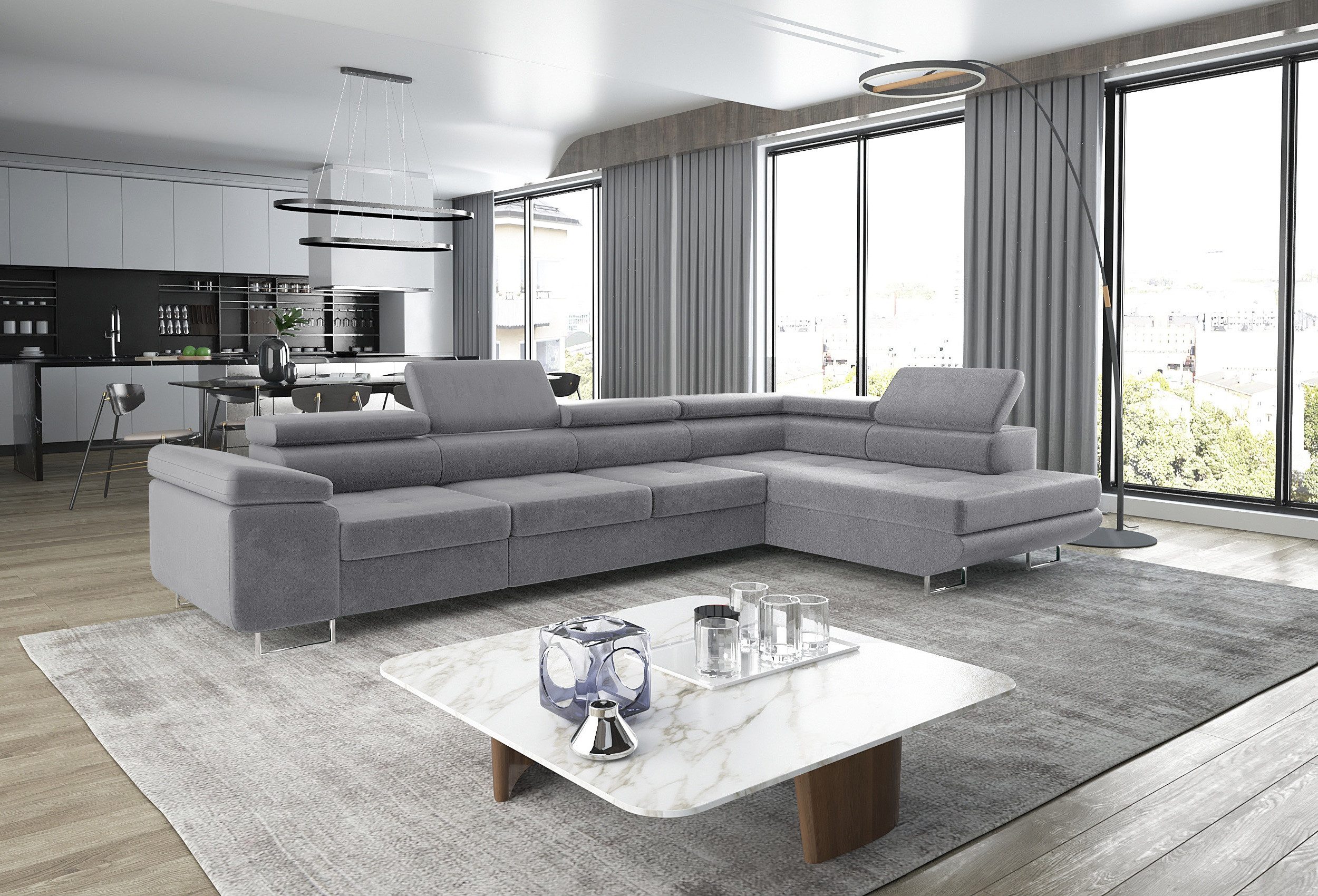 thematys Ecksofa ASTON LONG 355 x 204cm mit Schlaffunktion & Bettkasten – L-Sofa, mit 4 verstellbaren Kopfstützen, Cord (Poso) oder Samt (Monolith), - XXL Wohnlandschaft im modernen Design