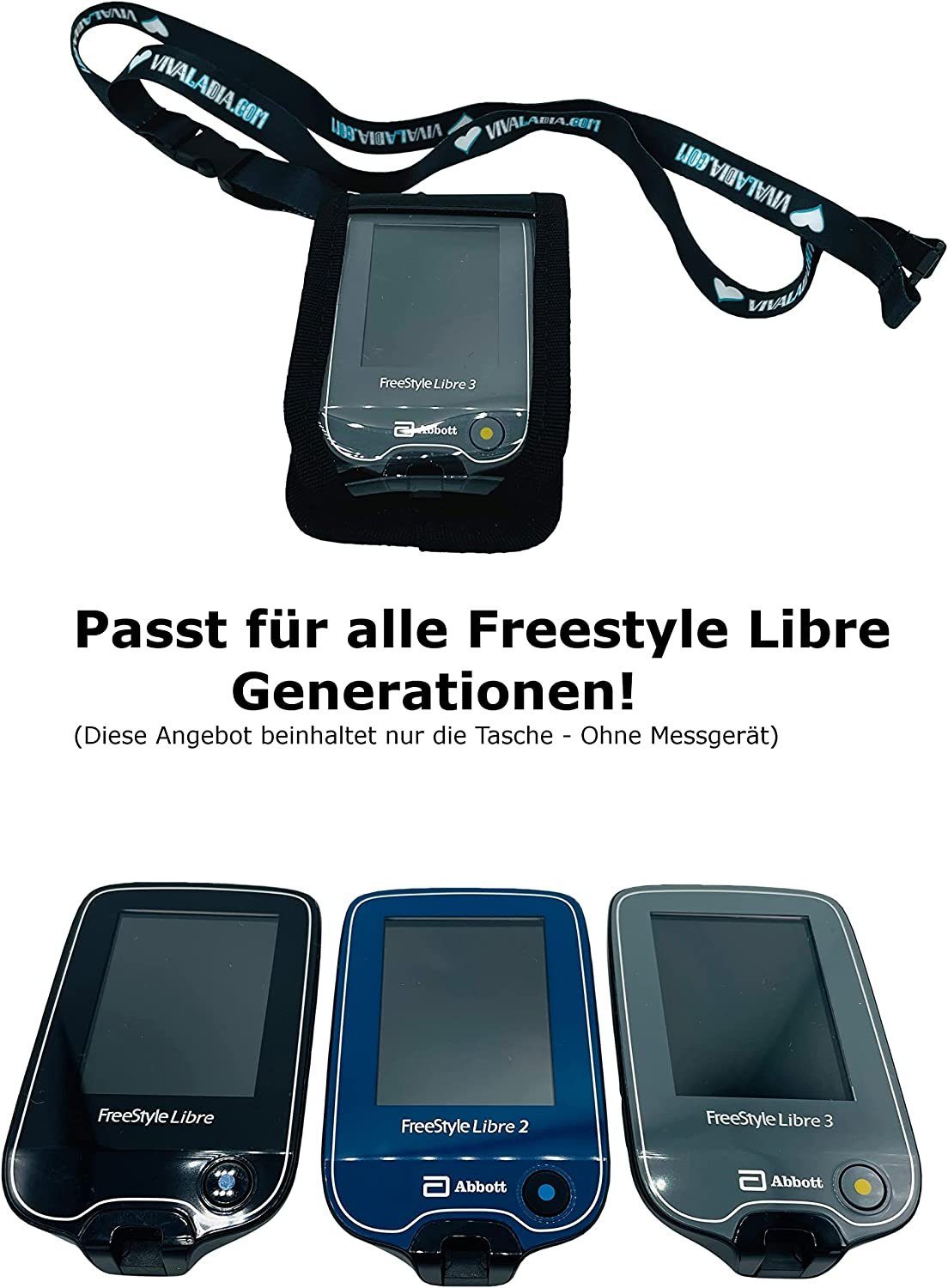 SEWAS Diabetic Care Aufbewahrungstasche Tasche zum Umhängen passend für Freestyle Libre Messgerät 3 (2-teiliges Set, 2-tlg), Bedien- und Sichtfenster, Umhängeband