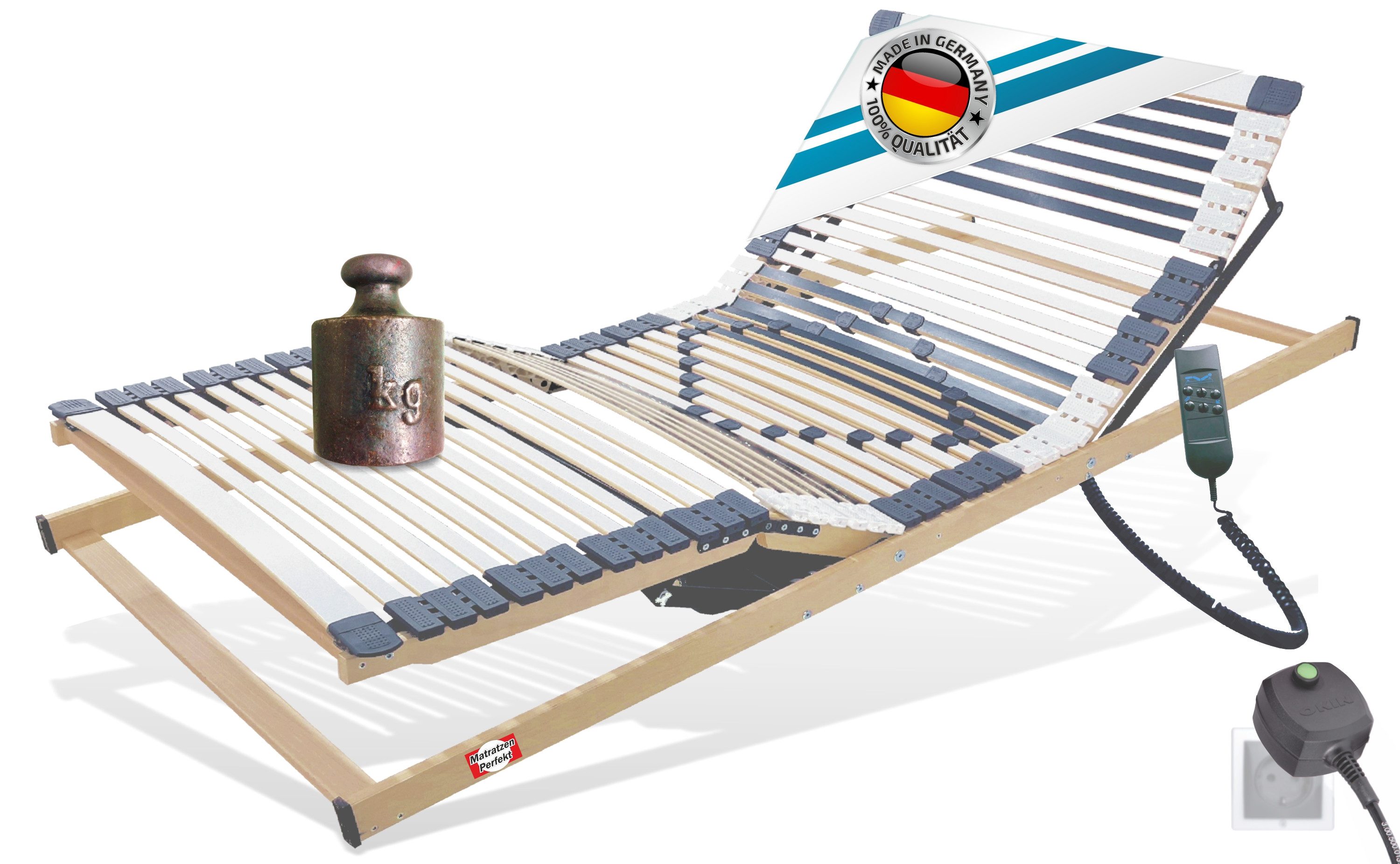 Lattenrost mit Motor 350 Kg Tragkraft, elektrisch Motorrahmen Not-Netzfreischaltung, Matratzen Perfekt, Kopfteil motorisch verstellbar, Fußteil motorisch verstellbar, Made in Germany, MONTIERT, Lieferung mit DHL Spedition, Größen 90x200cm, 100x200cm, 140x200cm, 120x200cm, 80x200cm, 90x190cm
