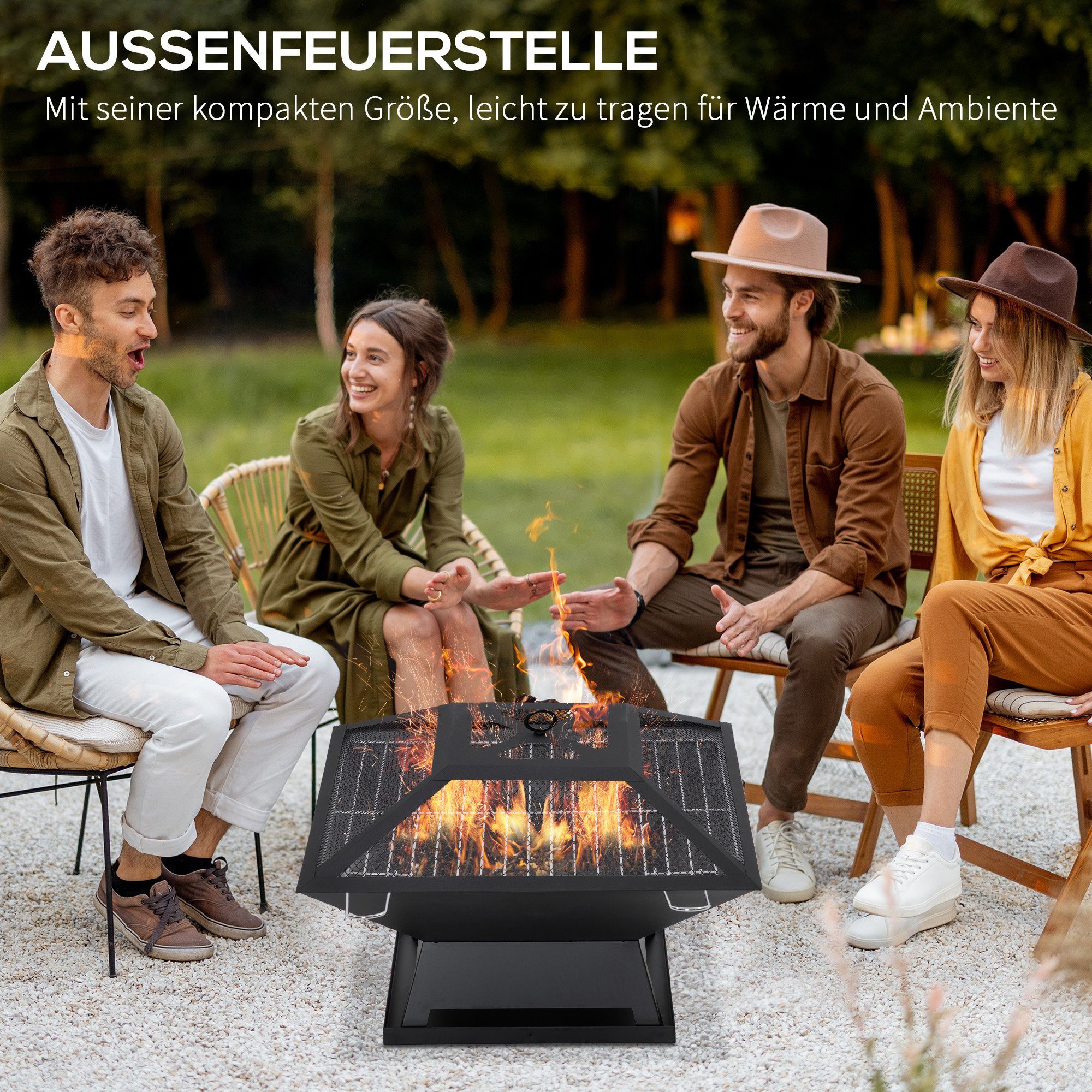 Outsunny Feuerschale für Garten Camping BBQ, (Grillrost, 1-St., Feuerschale mit Funkenschutz), Stahl Schwarz 45 x 45 x 34 cm