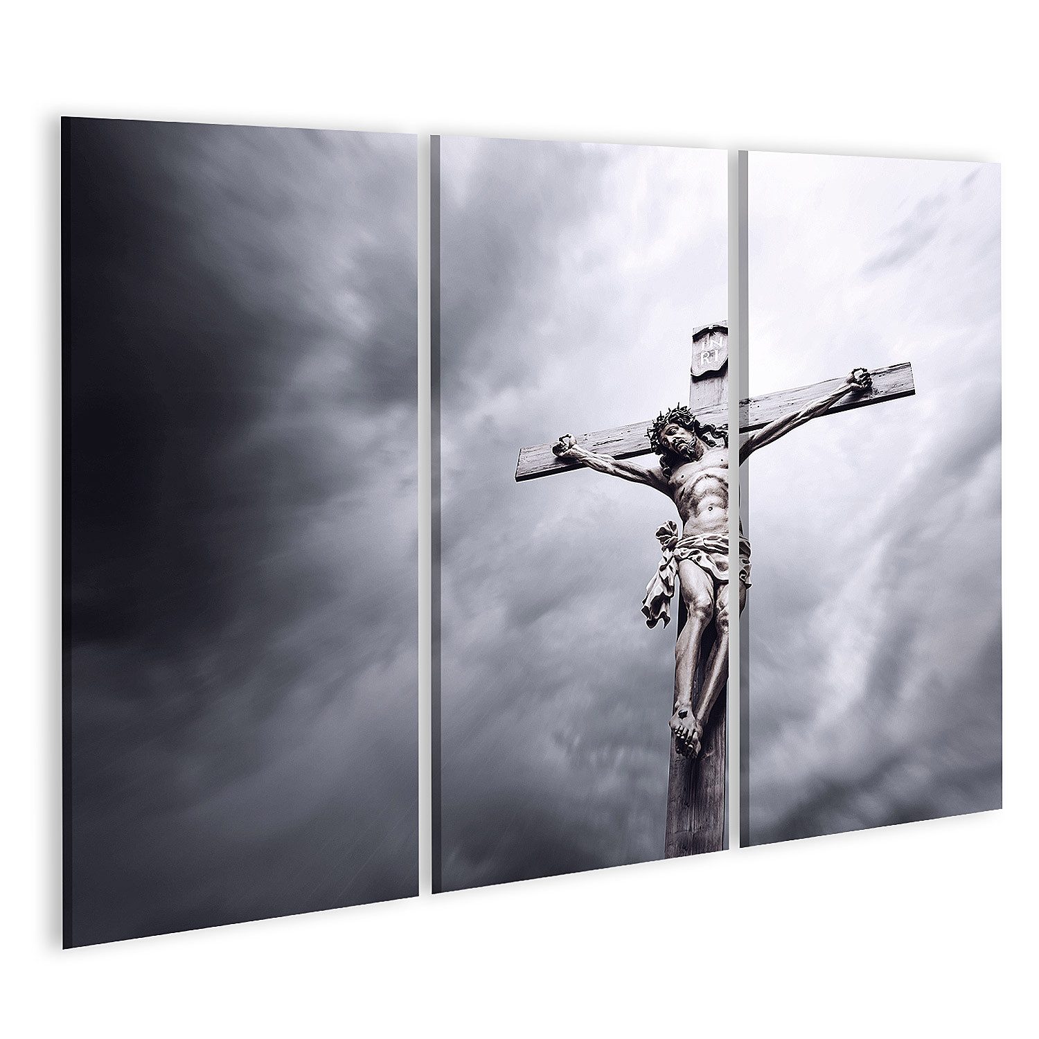 islandburner Leinwandbild Jesus Christus am Kreuz vor dunklen Wolken