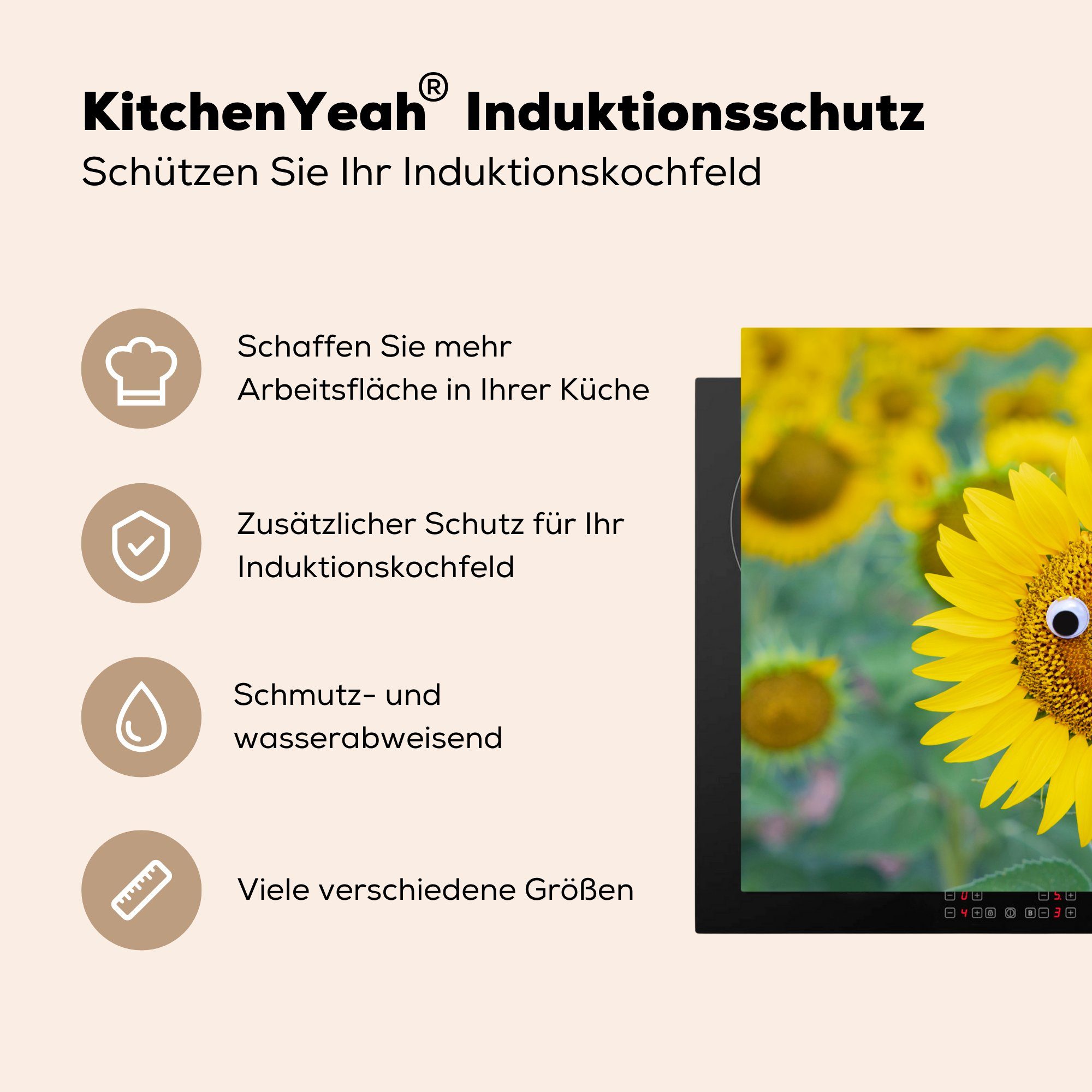 MuchoWow Herdblende-/Abdeckplatte Sonnenblume mit komischem cm, tlg), Vinyl, Mobile Arbeitsfläche (1 Gesicht, Ceranfeldabdeckung nutzbar, 70x52