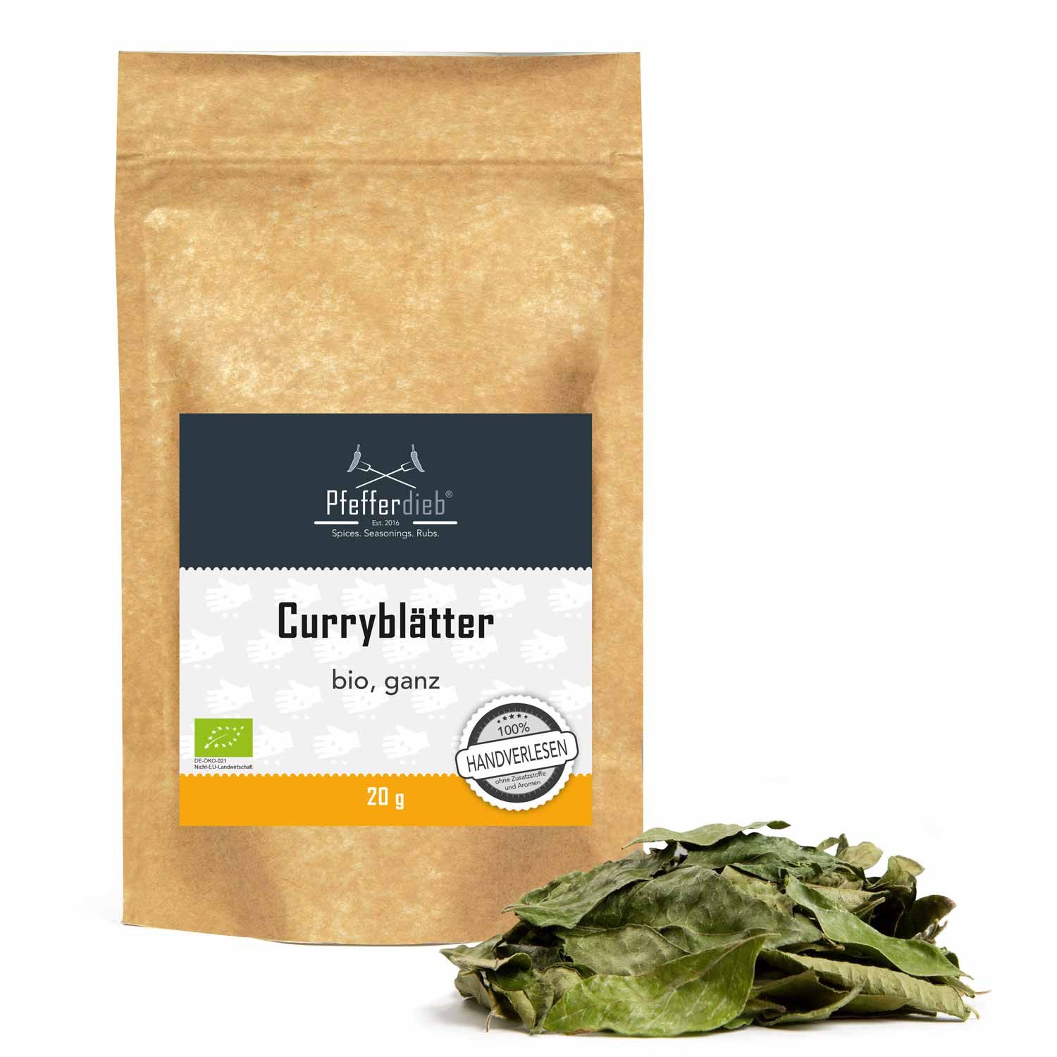 Pfefferdieb Gewürz Premium Curryblätter aus Wildsammlung, ganz, BIO, 20g, Feinwürzig, leicht rauchig mit leichter angenehm frischer Zitrusnote.