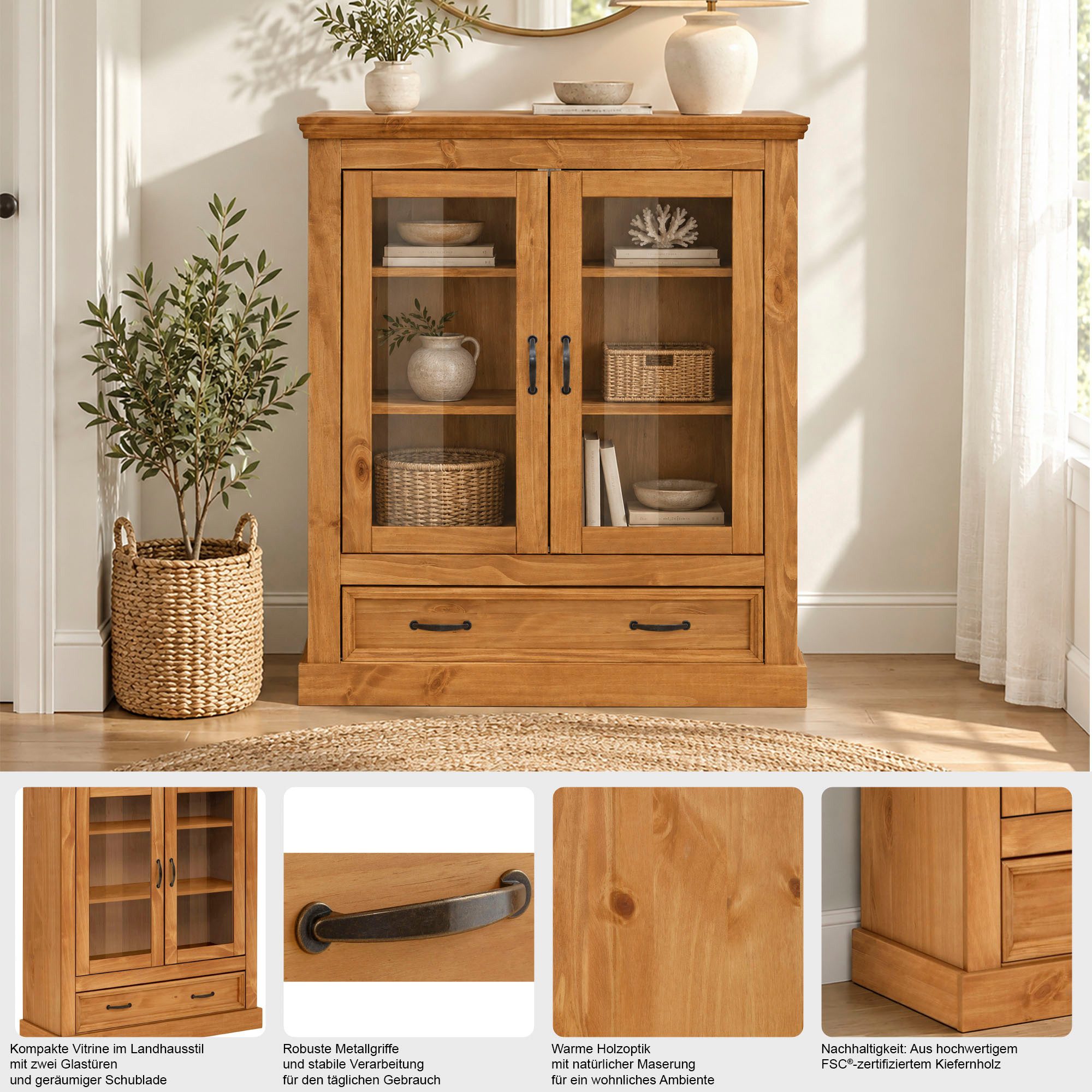 OTTO home Vitrine Selma Highboard aus massivem Kiefernholz, mit Griffen aus antikisiertem Metall – Bild 3 von 5