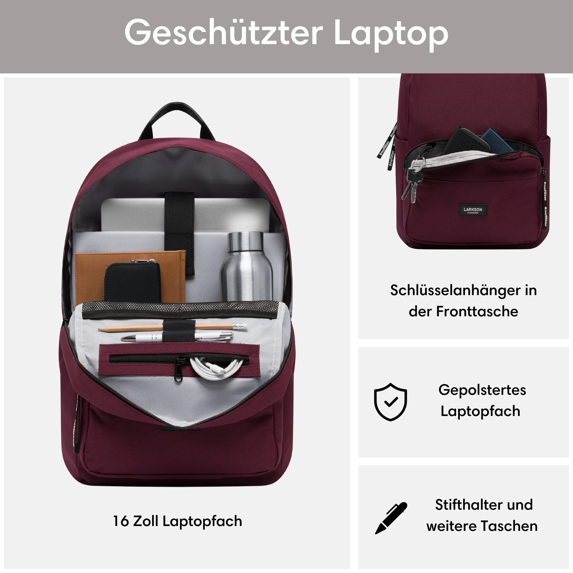 LARKSON Schulrucksack No 3 Rucksack Schule Mädchen Jungen Teenager (1-tlg), Seitentasche, Laptopfach, Wasserabweisend – Bild 3 von 5