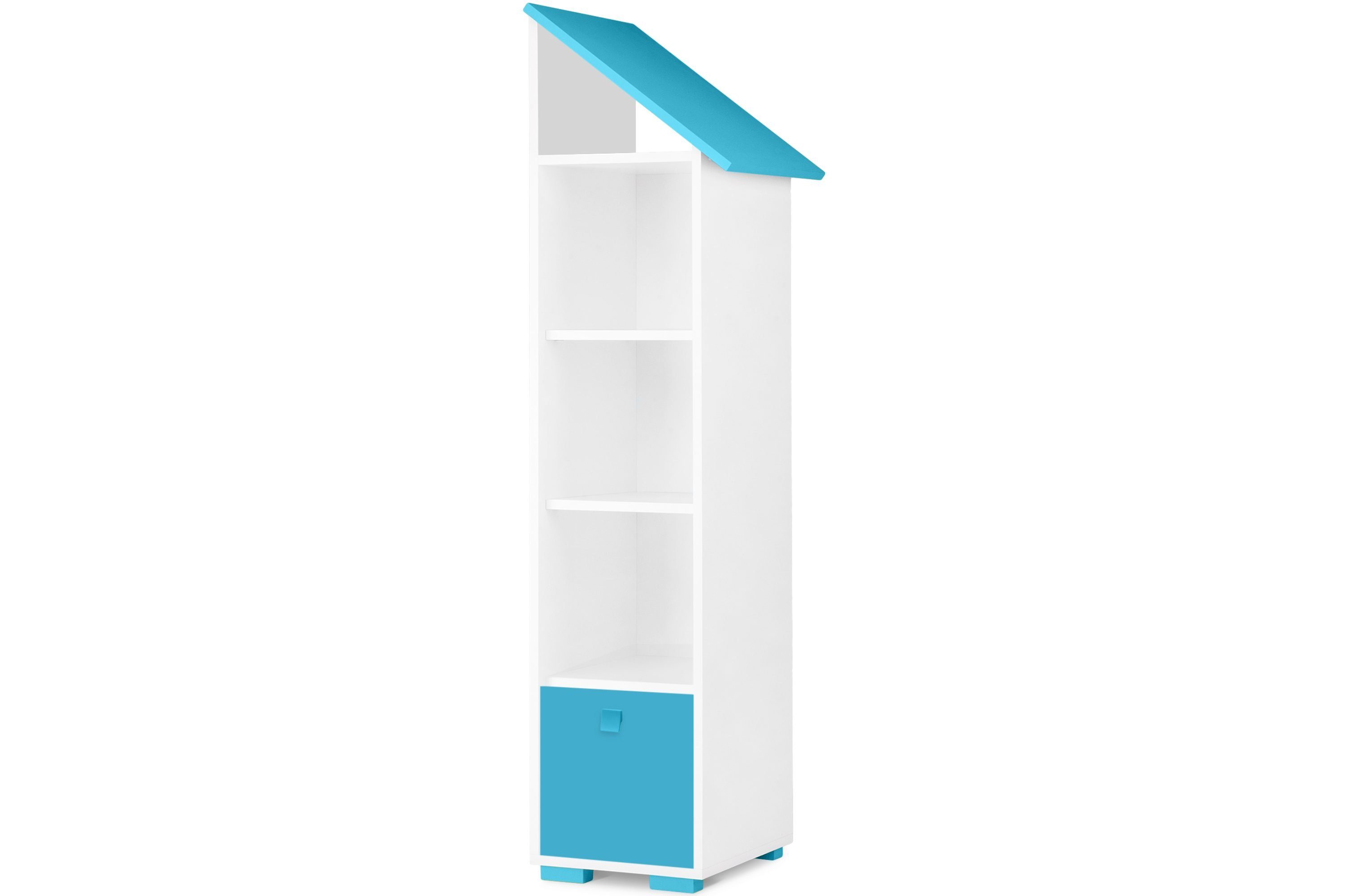 Konsimo Kinderregal Bücherregal mit Türen PABIS, Kinderbuchregal mit Tür, Hochregal, in Pastellfarben weiß/blau