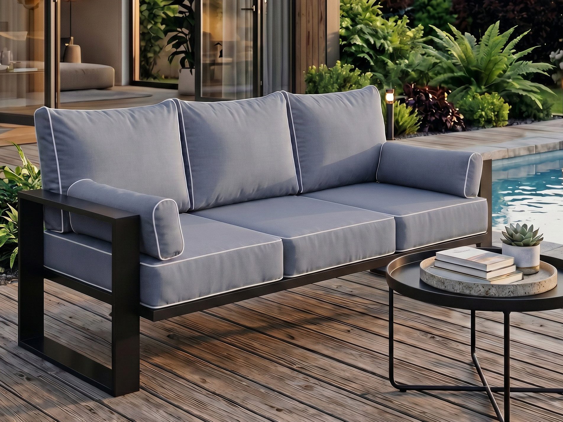 Beautysofa Gartensofa VERDINO - 3sitzer Sofa, Outdoor-Sofa mit Edelstahlrahmen, wasserdichtem Stoff & hohem Sitzkomfort