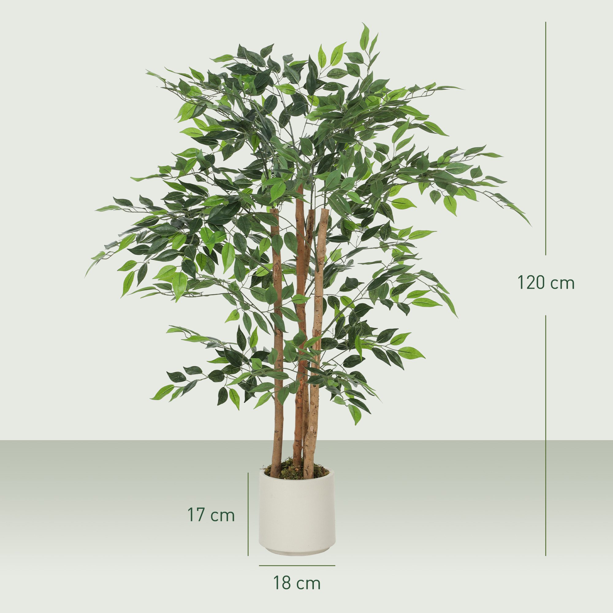 Kunstpflanze Künstliche Pflanze wie echt, Deko mit Massivholzstamm, Topf Banyanbaum, HOMCOM, Höhe 120 cm, für Wohnzimmer, Schlafzimmer, Büro, Garten, Grün