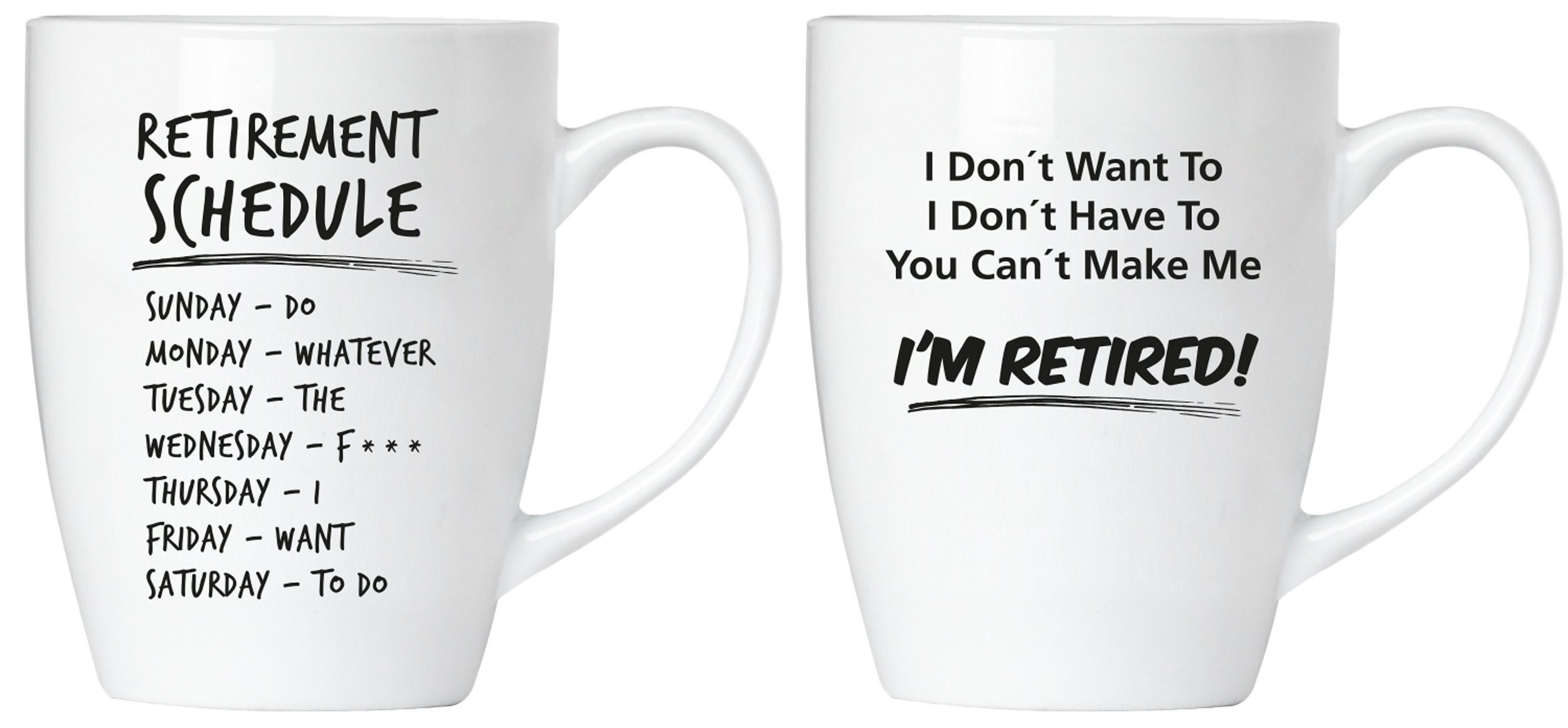 BRUBAKER Tasse Motivtassen "RETIREMENT..." und "I don`t want...", Keramik, 2er-Set Kaffeebecher in Geschenkpackung, Ruhestand Rente Becher Kaffeetassen Geschenkset mit Grußkarte für Rentner