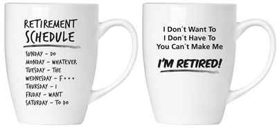 BRUBAKER Tasse »Motivtassen "RETIREMENT..." und "I don`t want..."«, Keramik, 2er-Set Kaffeebecher in Geschenkpackung, Ruhestand Rente Becher Kaffeetassen Geschenkset mit Grußkarte für Rentner