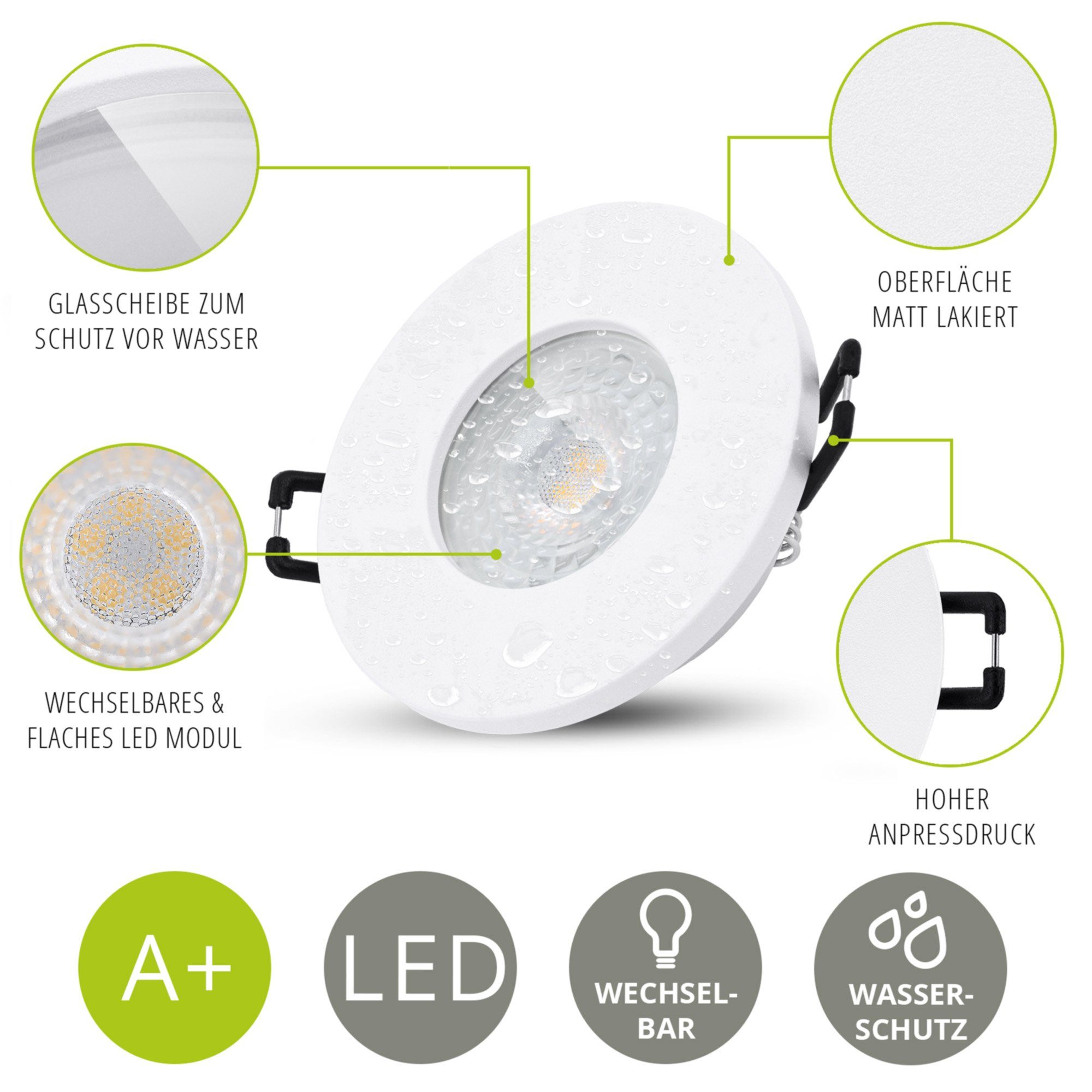 linovum LED Einbaustrahler Extra flache LED weiss Leuchtmittel inklusive, IP65 in LED rund 5W, Leuchtmittel Einbauleuchte inklusive & mit matt