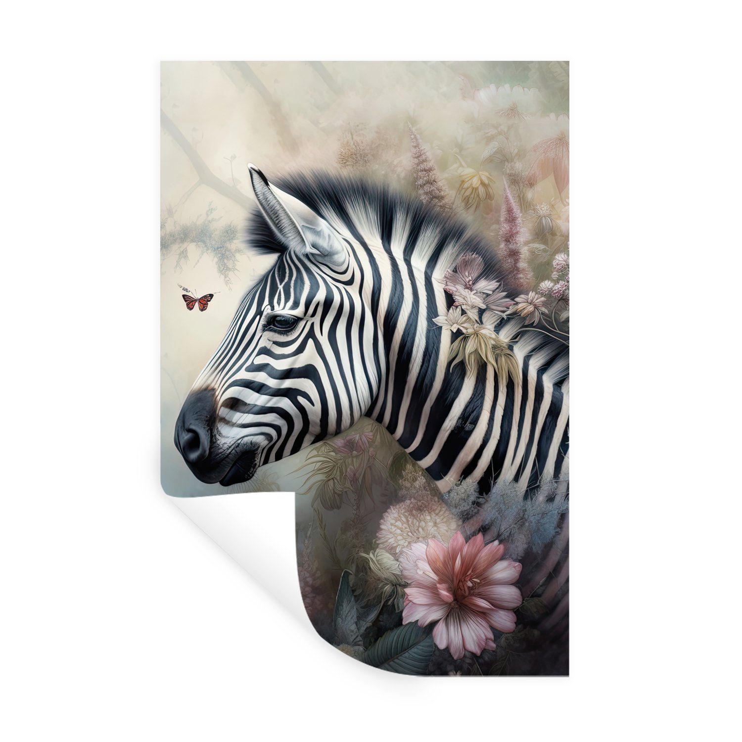 MuchoWow Wandsticker Zebra - Wilde Tiere - Schmetterling - Blumen (1 St), Wandaufkleber, Selbstklebend, Wohnzimmer, 20x30 cm