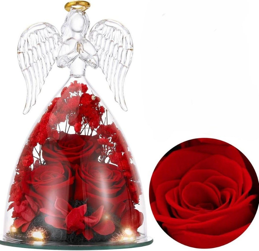 Kunstblume Engel-Glasfigur mit ewiger Rose – drei rote Rosen, LED-Lichter, Tidy