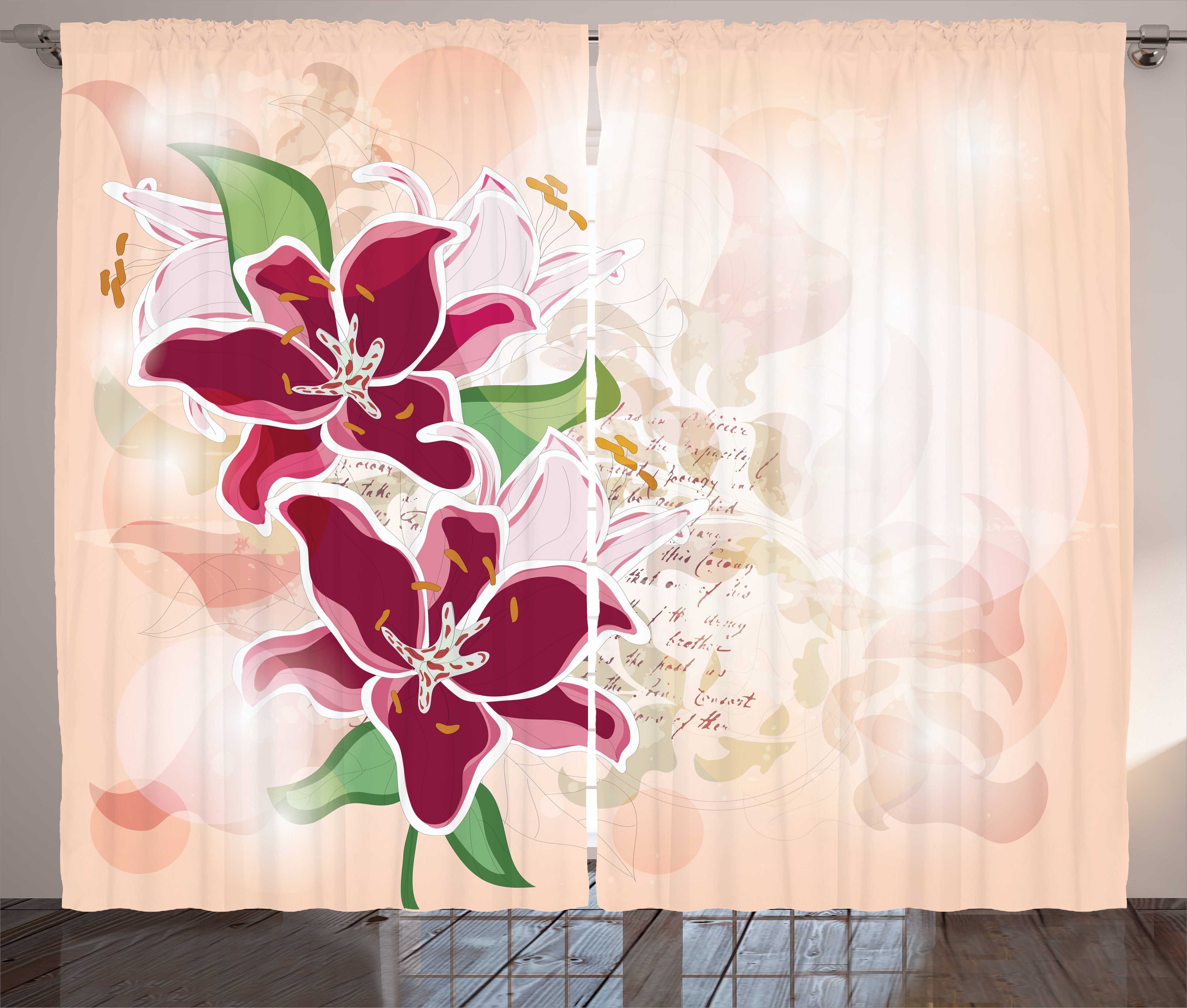 Gardine Schlafzimmer Kräuselband Vorhang mit Schlaufen und Haken, Abakuhaus, Fuchsie Botanical Pastellton Lilien