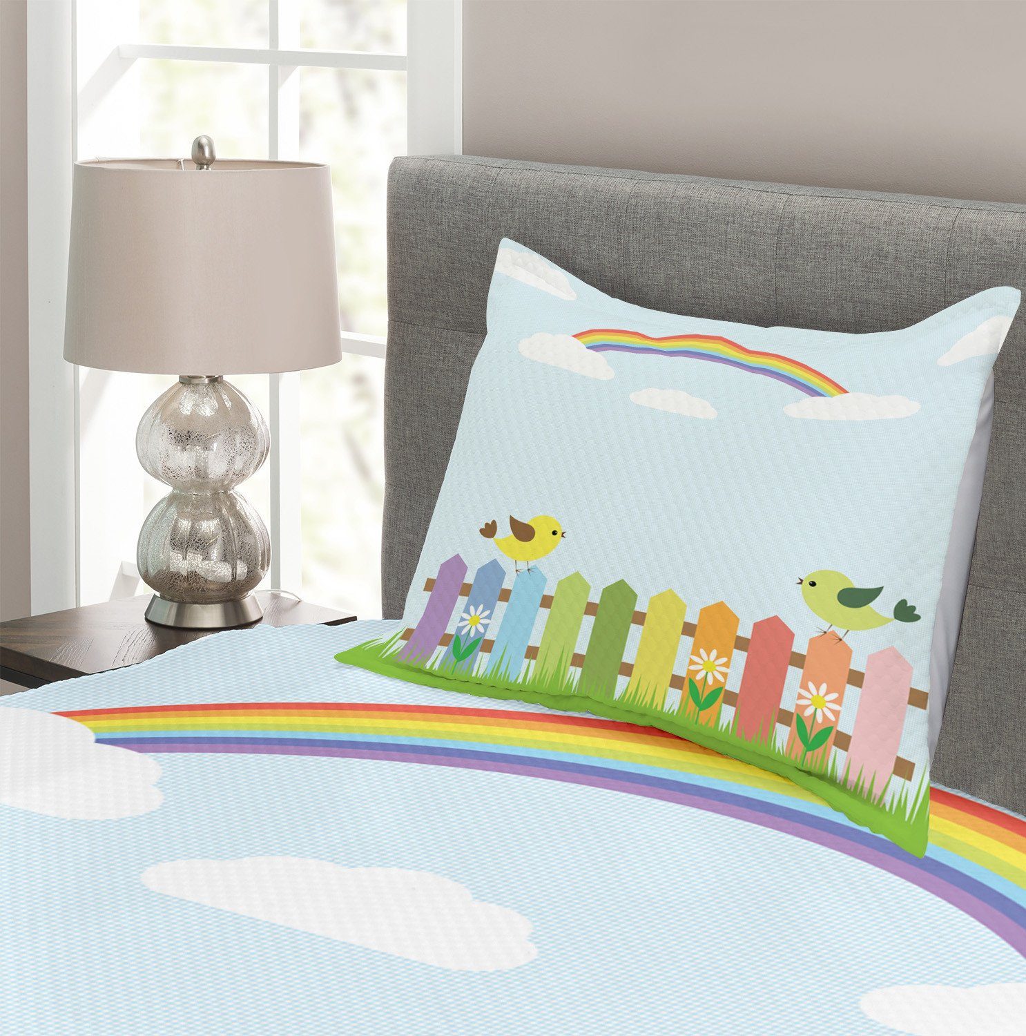 Waschbar, Rainbow auf Jahrgang Zaun mit Abakuhaus, Vögel Tagesdecke Kissenbezügen Set
