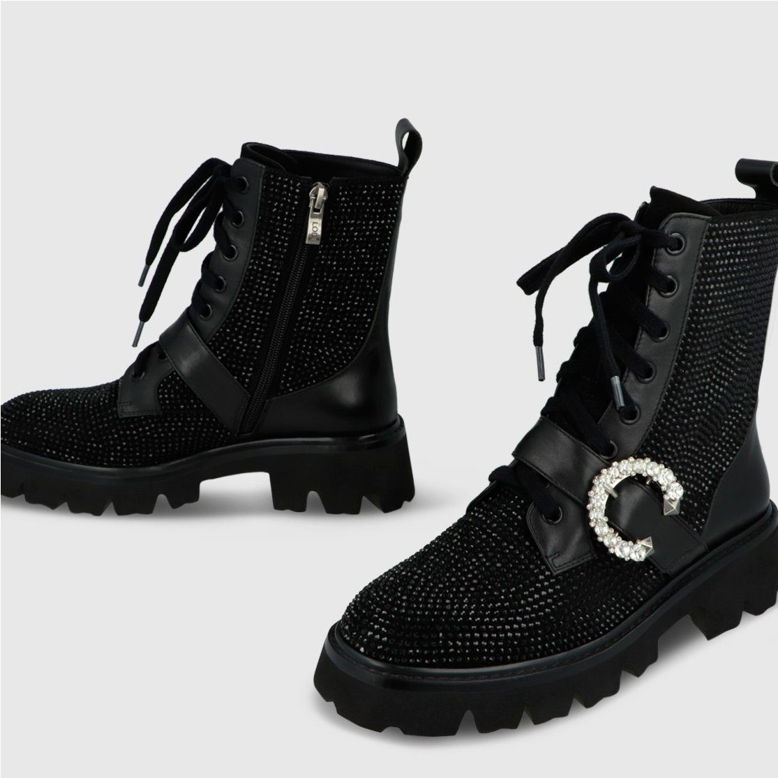 LODI LOVE Antelina Negro Schnürboots mit Glitzerschnalle