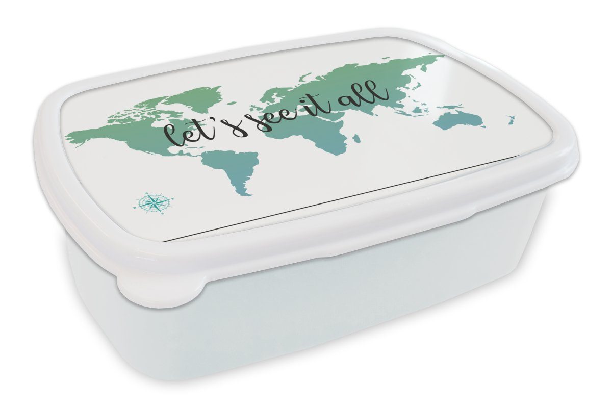 MuchoWow Lunchbox Weltkarte - Grün - Zitat - Kinder - Jungen - Mädchen, Kunststoff, (2-tlg), Brotbox für Kinder und Erwachsene, Brotdose, für Jungs und Mädchen weiß