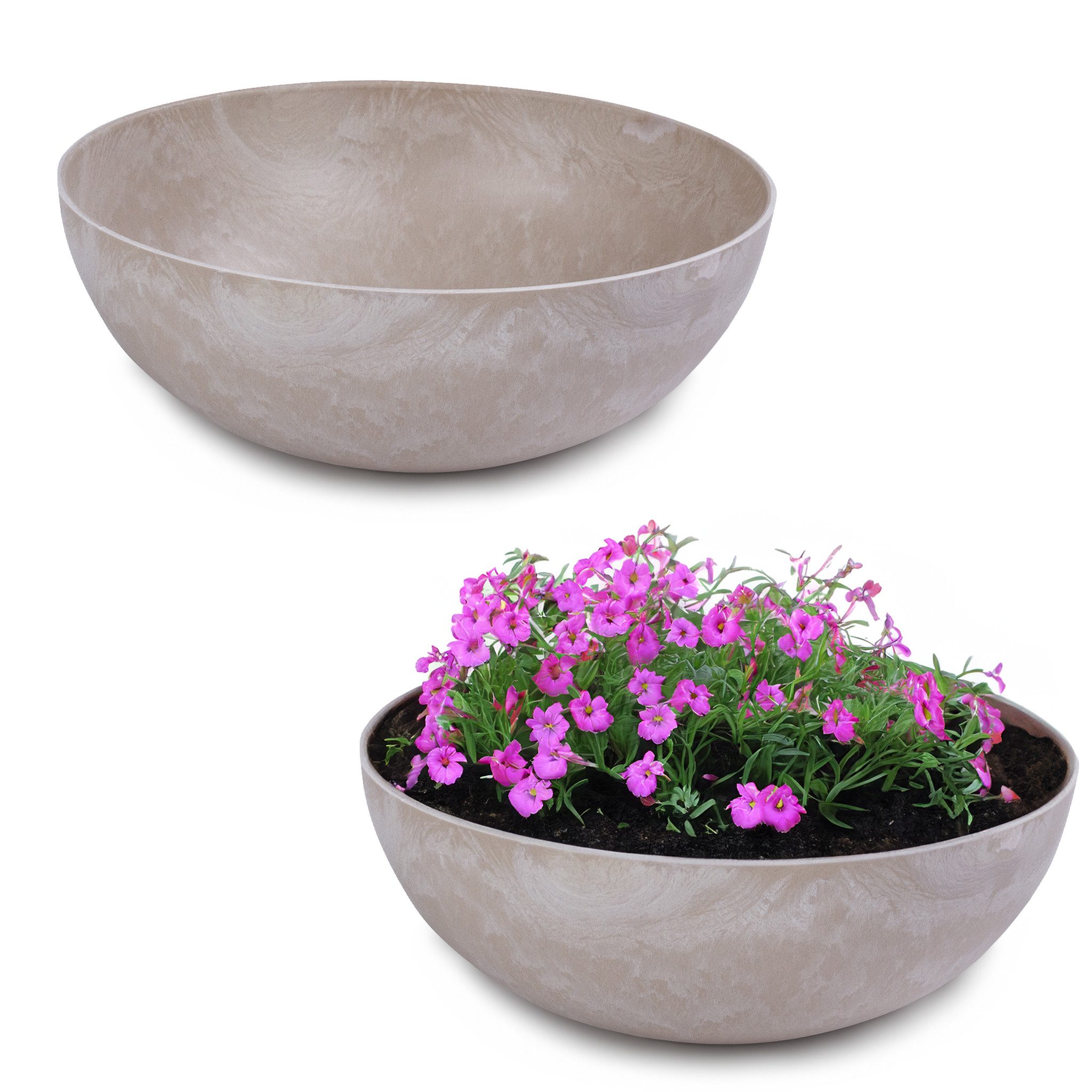 matches21 HOME & HOBBY Blumentopf Runde bauchige 20 cm Pflanzschale für draussen, sand marmoriert (2 St), Wetterfeste Blumen-Schale als moderne Gartendeko Grabschmuck