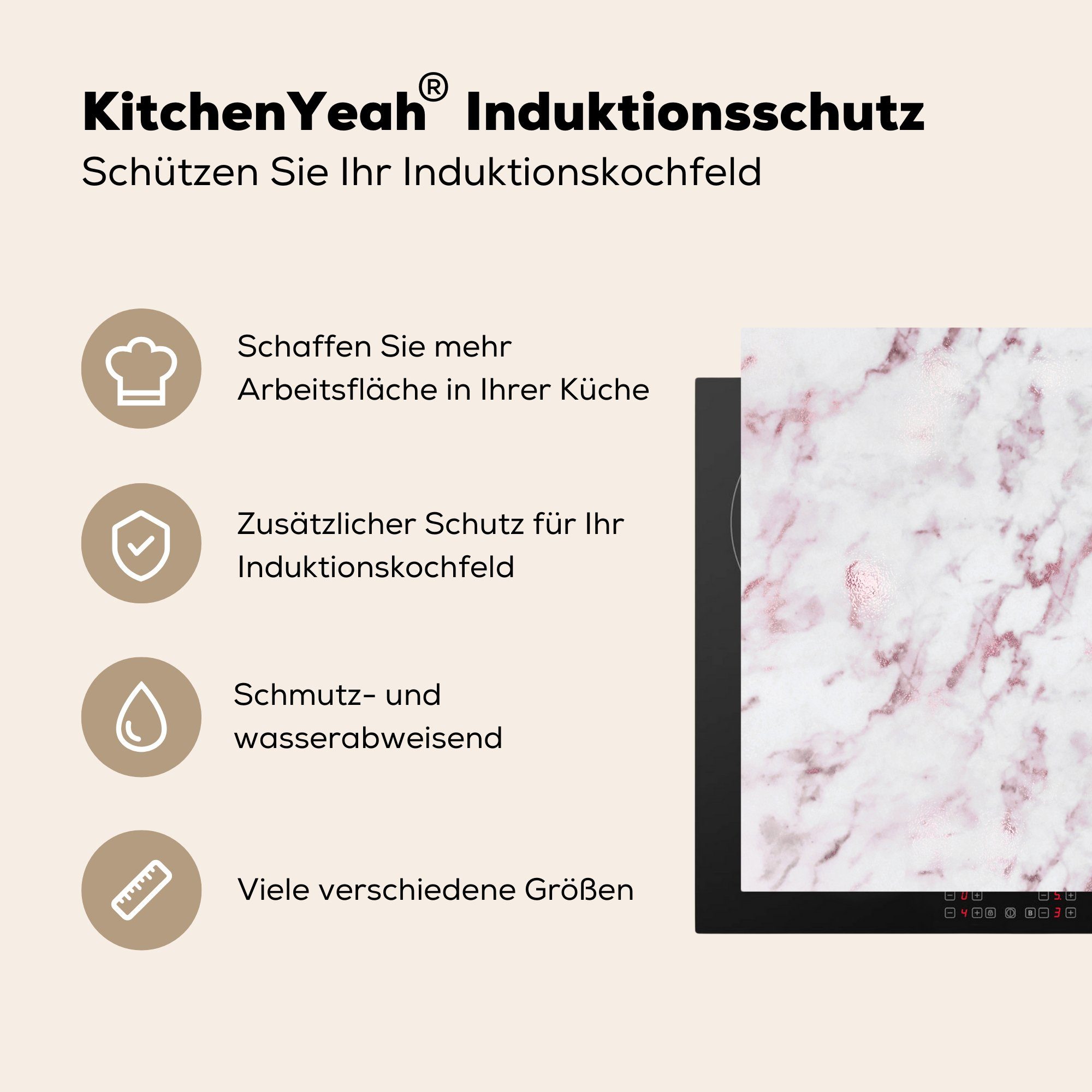 MuchoWow Herdblende-/Abdeckplatte Marmor Rosa Vinyl, Weiß, Ceranfeldabdeckung, (1 küche 78x78 für cm, - Arbeitsplatte tlg), 