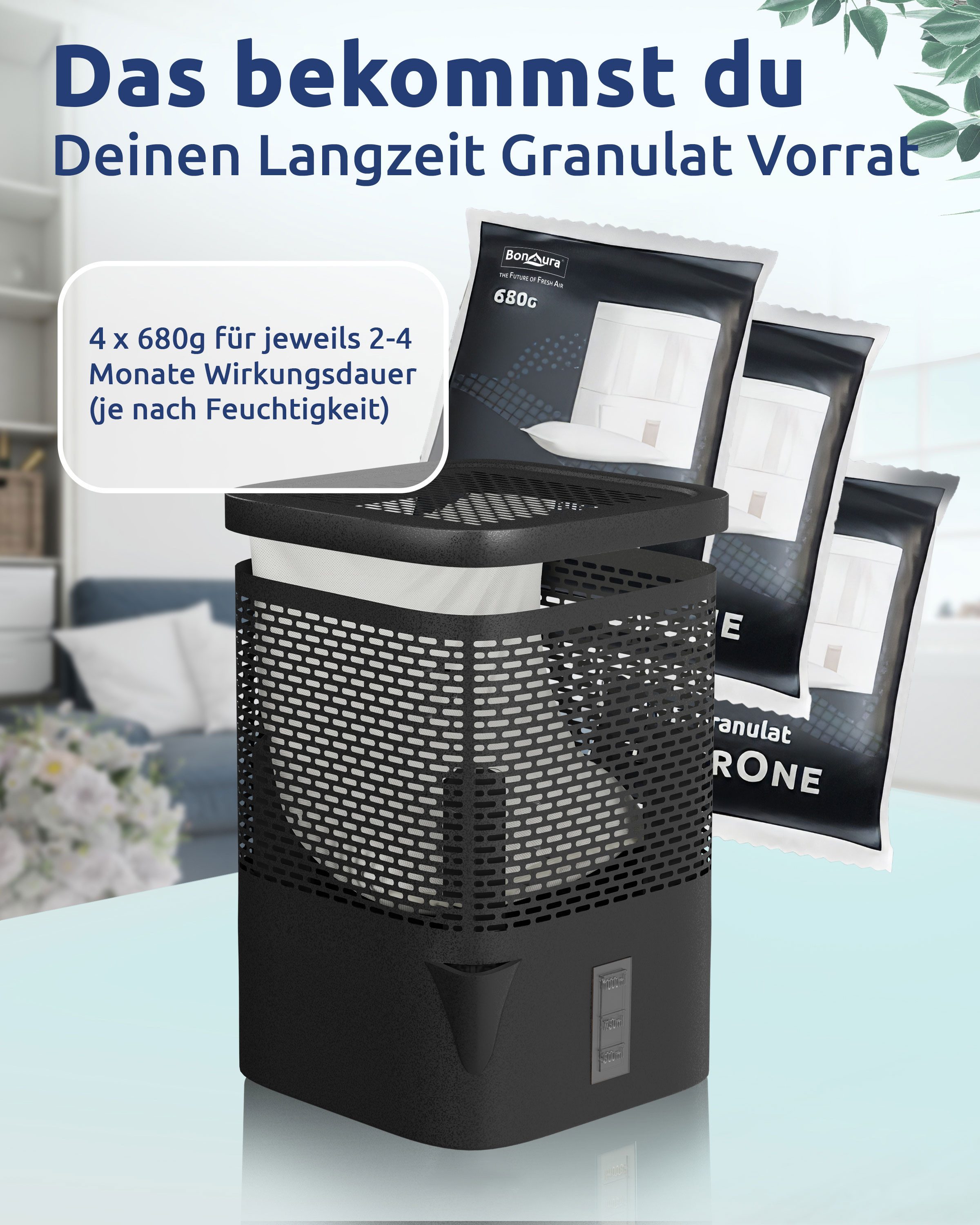 BonAura Luftentfeuchter-Nachfüllpack Entfeuchter Granulat im Vliesbeutel, 2er-, 4er- oder 6er Set, 680g pro Stk., Geruchsneutral