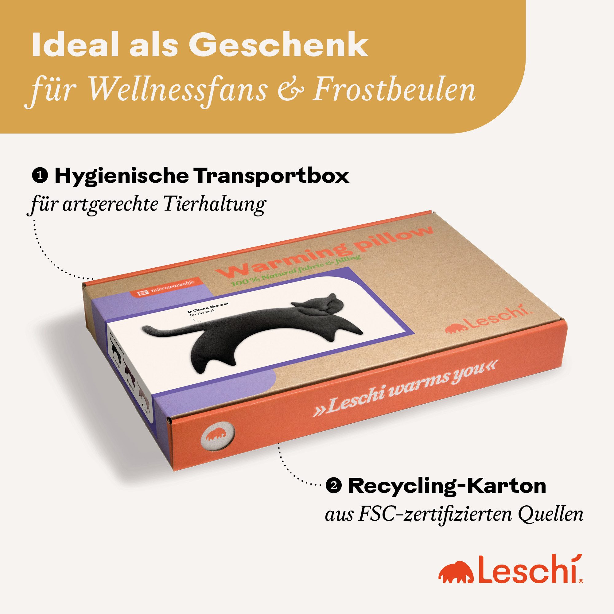 Leschi Wärmekissen für Mikrowelle, Bio-Baumwolle Körnerkissen, Nacken & Schultern, Katze