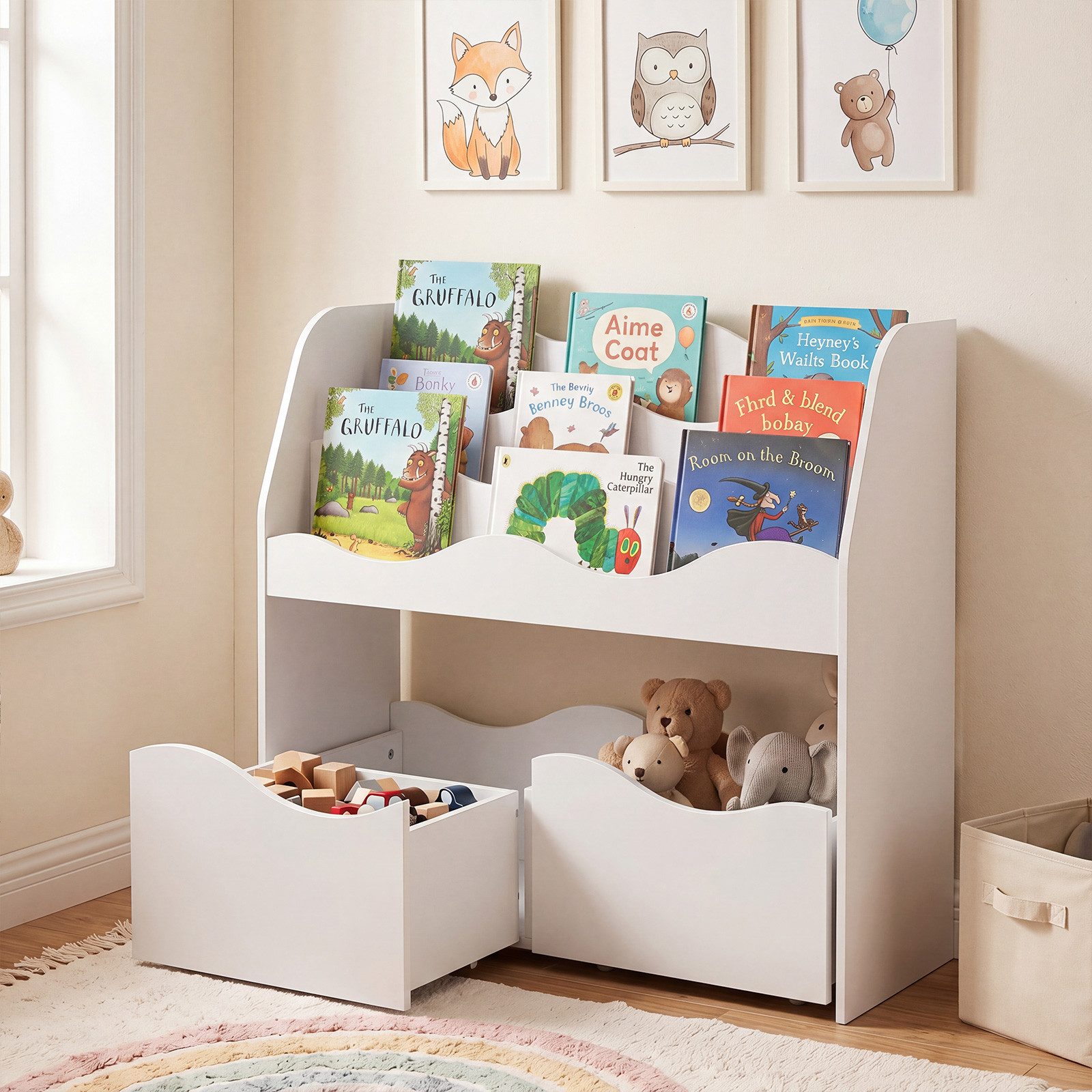 COSTWAY Kinderregal, Bücherregal Kinder mit 2 Boxen auf Rollen