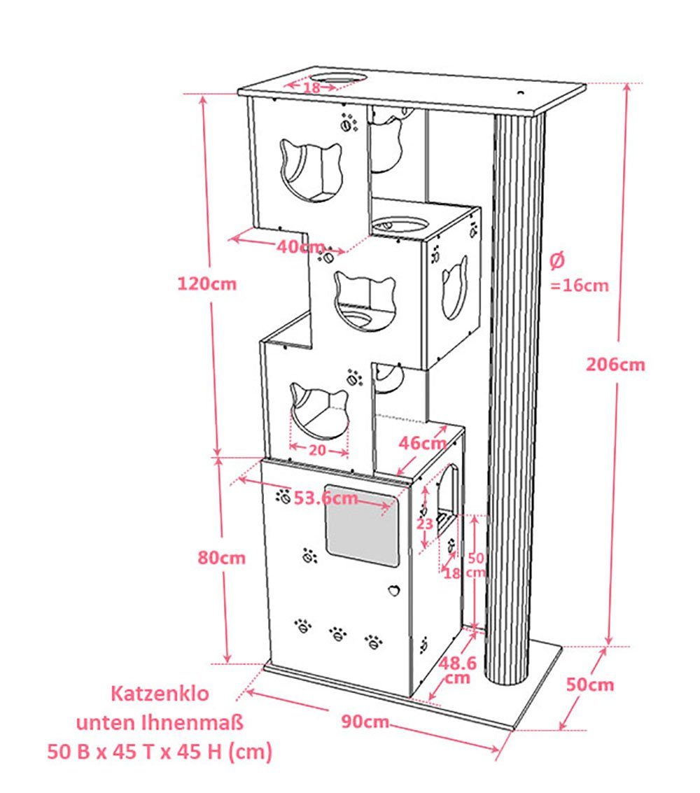 CatS Design Katzentoilette CatS Design 2 in1 Kratzbaum-Katzenklo xxl große, -hochwertig solider holz-edel Designmöbel-Extreme starke Konstruktion-katzenklo-hochwertig holz90 x 50 x 211 cm