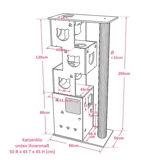 CatS Design Katzentoilette “CatS Design 2 in1 Kratzbaum-Katzenklo xxl große”, -hochwertig solider holz-edel Designmöbel-Extreme starke Konstruktion-katzenklo-hochwertig holz90 x 50 x 211 cm