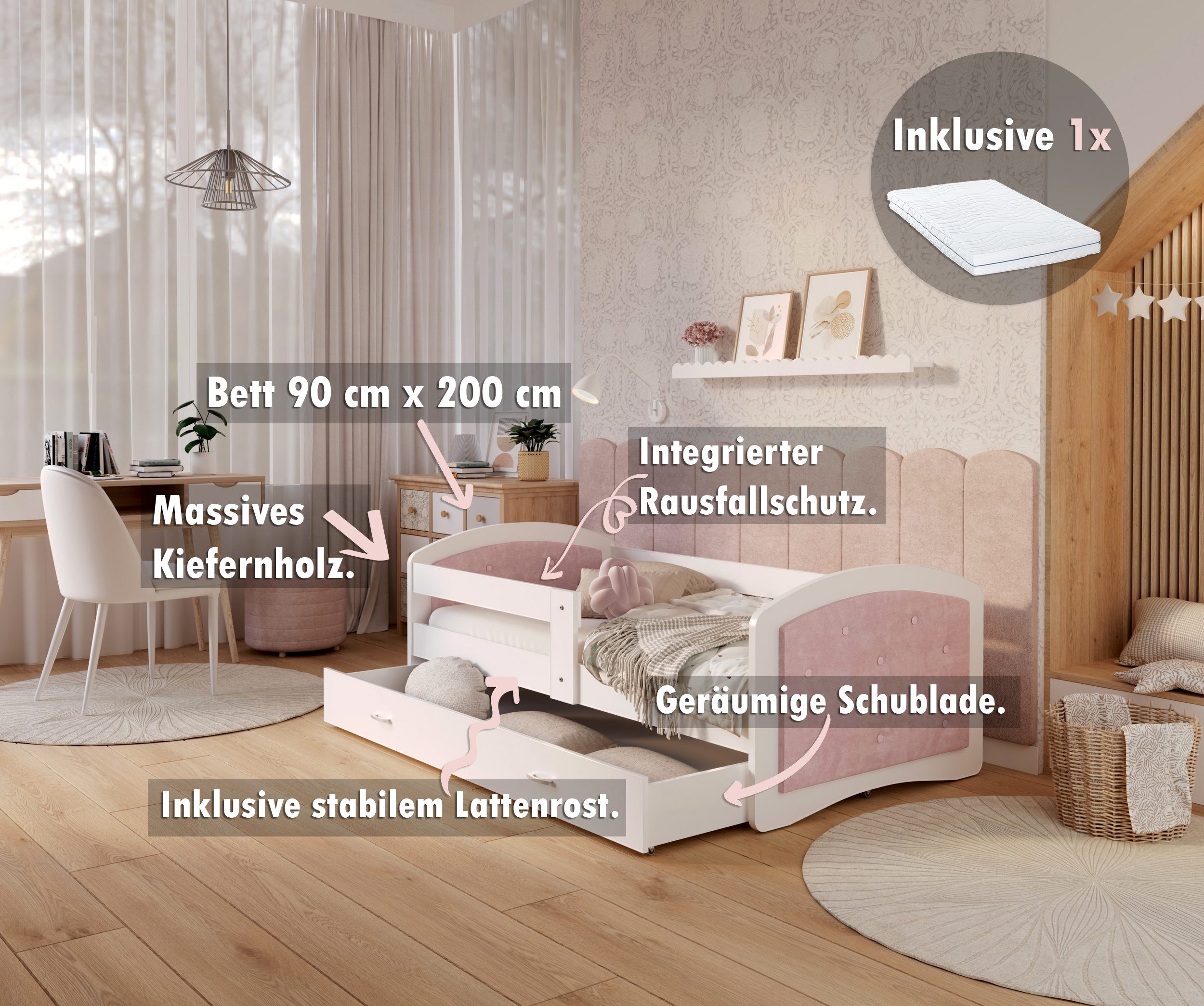 AJKmeble Kinderbett mit Rausfallschutz, 80x160, 80x180, günstig online kaufen