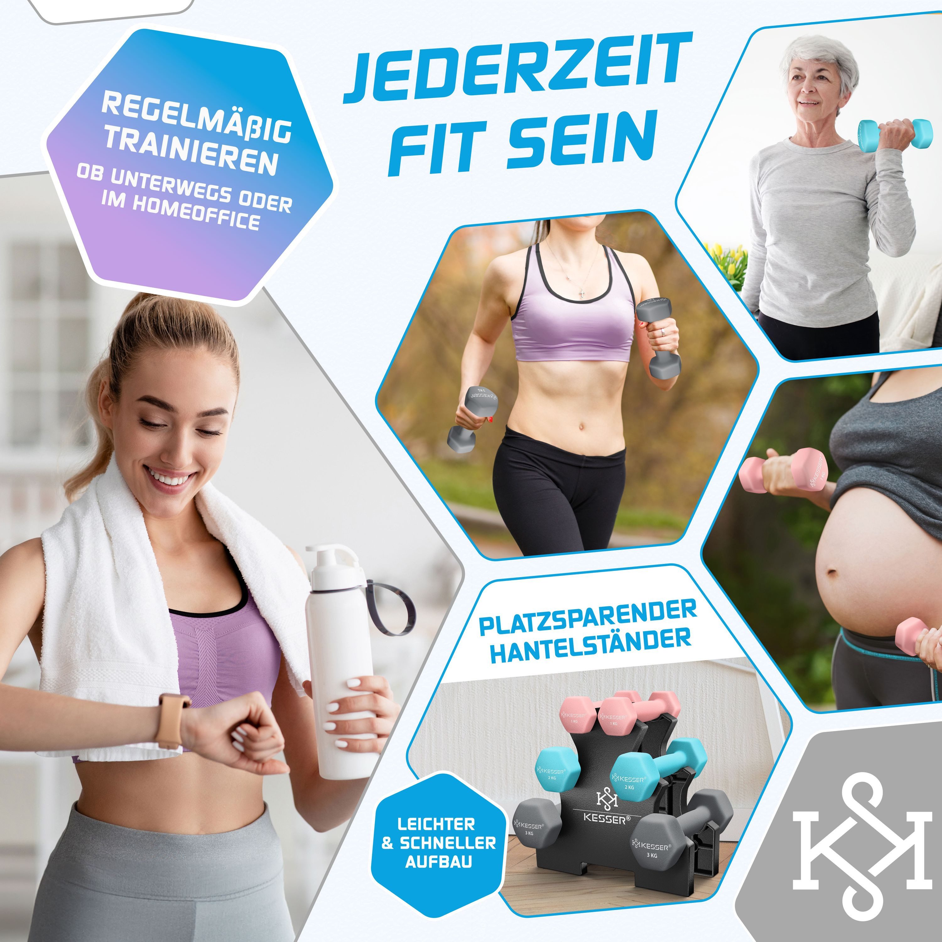 KESSER Hantel-Set, (12 kg Set 2 x (1+2+3)kg), Kurzhantel Gymnastikhanteln mit Ständer Aufbewahrung