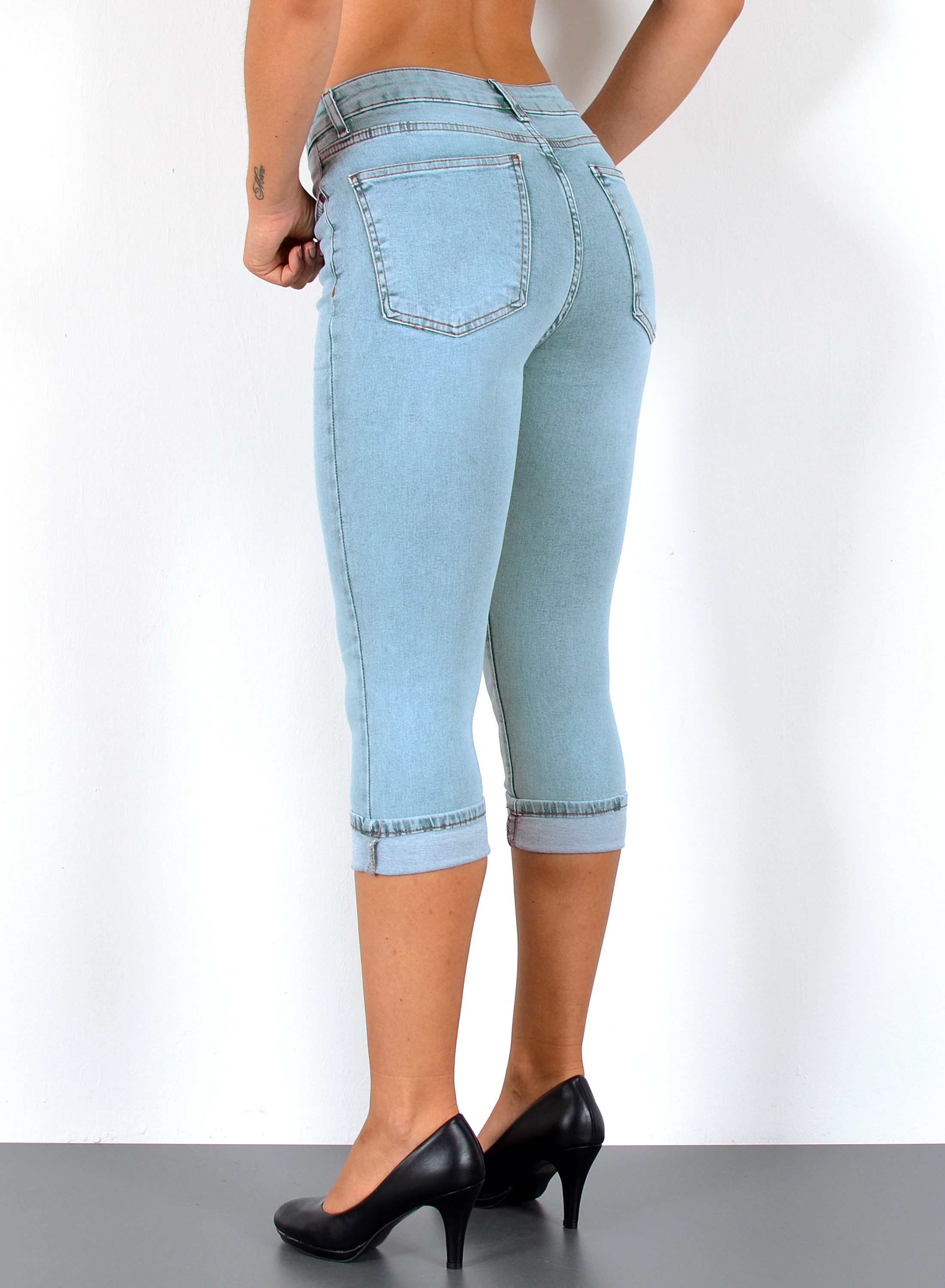 ESRA Caprijeans High Waist Capri Jeans Damen bis Übergröße Plus Size Große Größe C15 High Waist Capri Jeans Damen Stretch 3/4 Jeans Shorts Damen Capri Hose