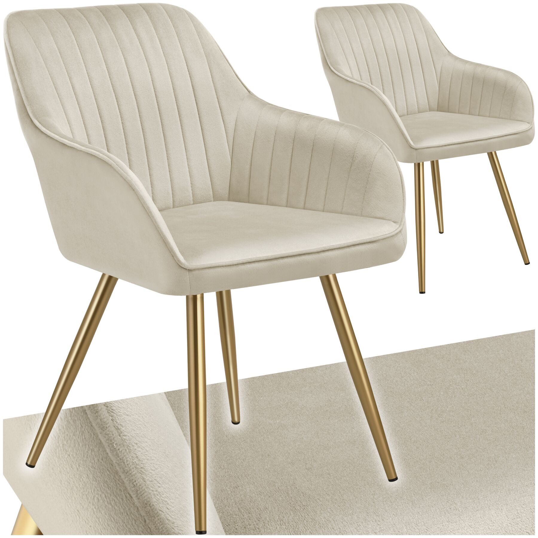 tectake Esszimmerstuhl Polstersessel gepolstert, in Samtoptik, gesteppt, 58 x 62 x 82 cm (Küchenstuhl Marilyn in creme/gold, 2 St), schlanke, goldene Stahlbeine, bodenschonend, Belastbarkeit 120 kg