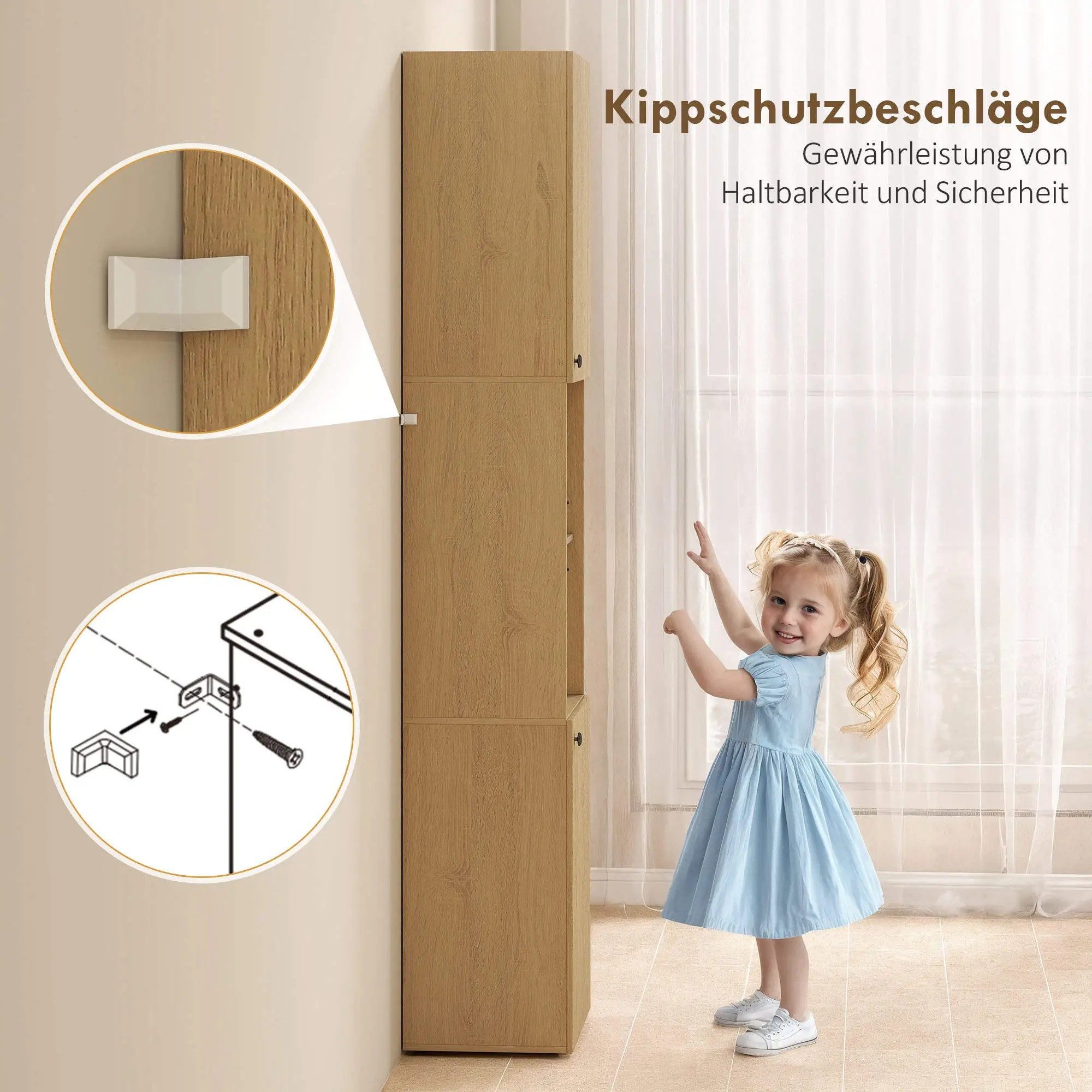 BlingBin Badkommode Badezimmerschrank hoch schmal Badschrank Hochschrank mit 2 Türen (1er Set, 1 St., 40 x 31 x 182 cm), Verstellbaren Ablagen, 2 offenen Fächern für Badezimmer, Wohnzimmer