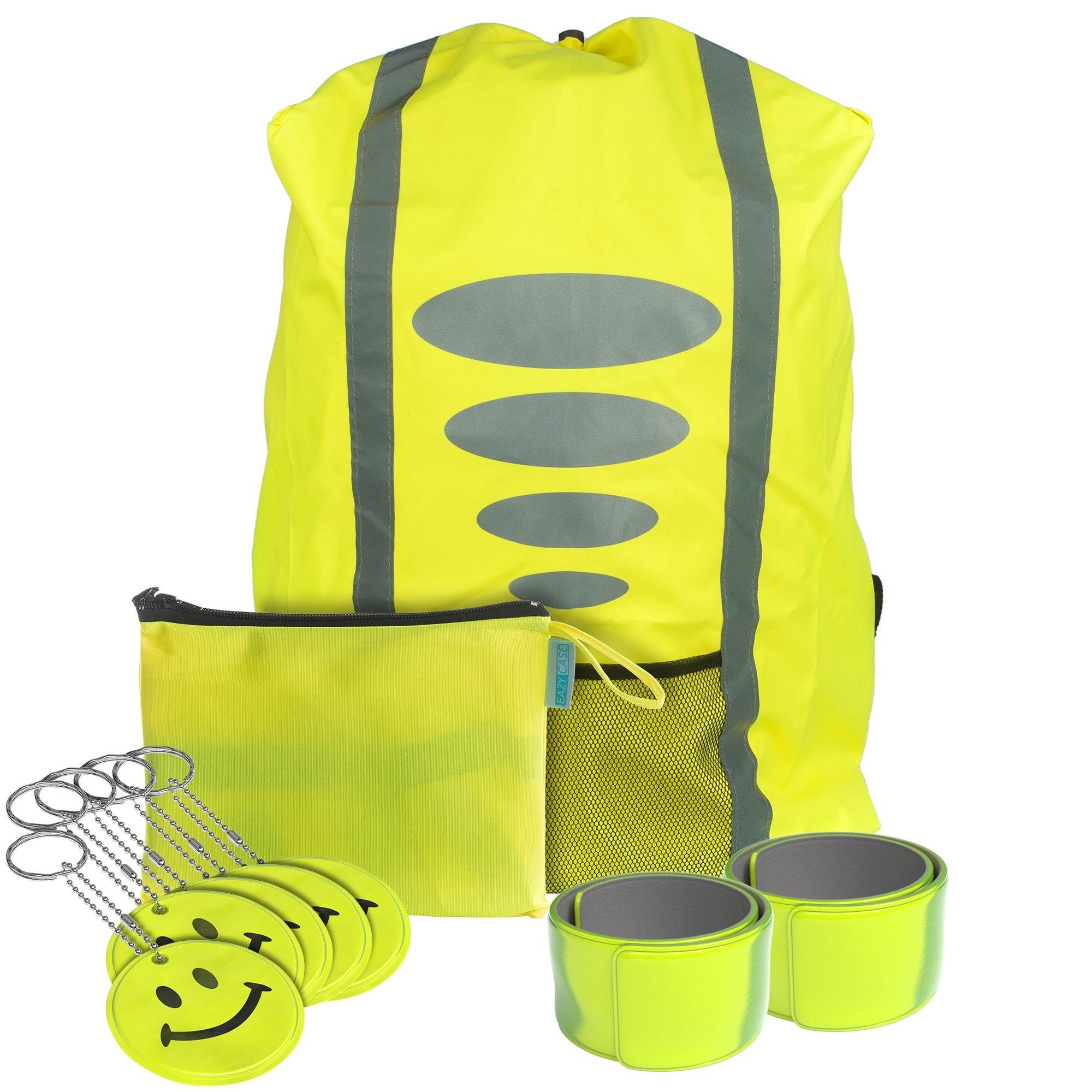 EAZY CASE Rucksack-Regenschutz 3 in 1 Schulstarter-Set Einschulung, Regenschutz für Schulranzen Reflektor Anhänger Sicherheit Neon Gelb